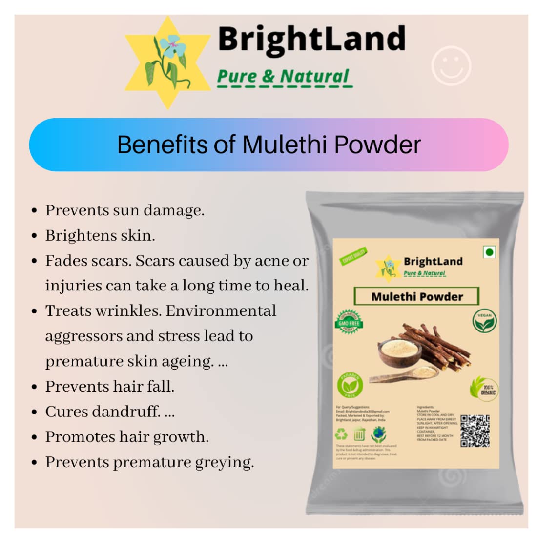 Brightland Bio Organic Mulethi Powder (Licorice Root Powder) - 100g | Natural Ayurvedic Yashtimadhu for Glowing Skin, Healthy Hair & Body Care | Perfect for DIY Face Masks, Hair Treatments & Herbal Remedies