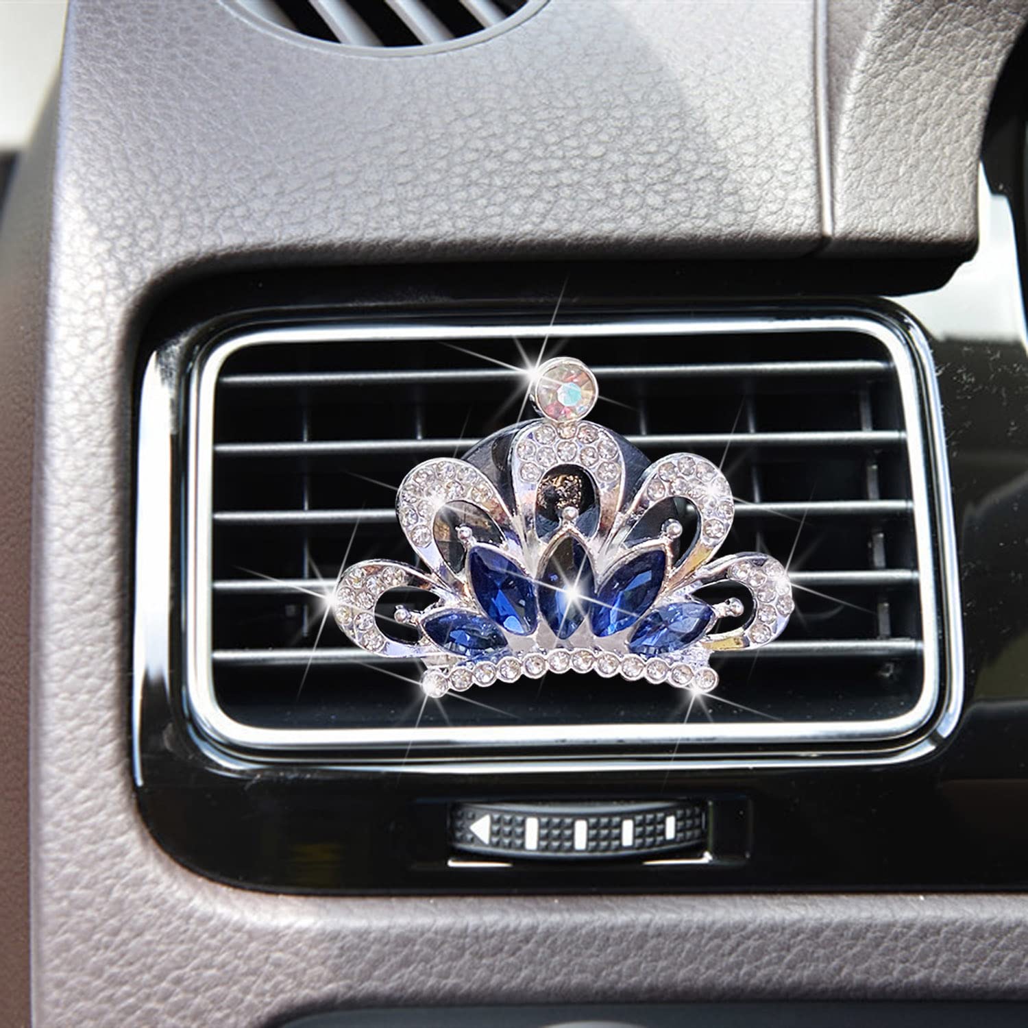 Crystal Crown Car Clip - Diamond Rhinestone AC Vent Clip for Women | Bling Car Interior Accessories | Perfect for Gifts & Car Decoration (Blue)