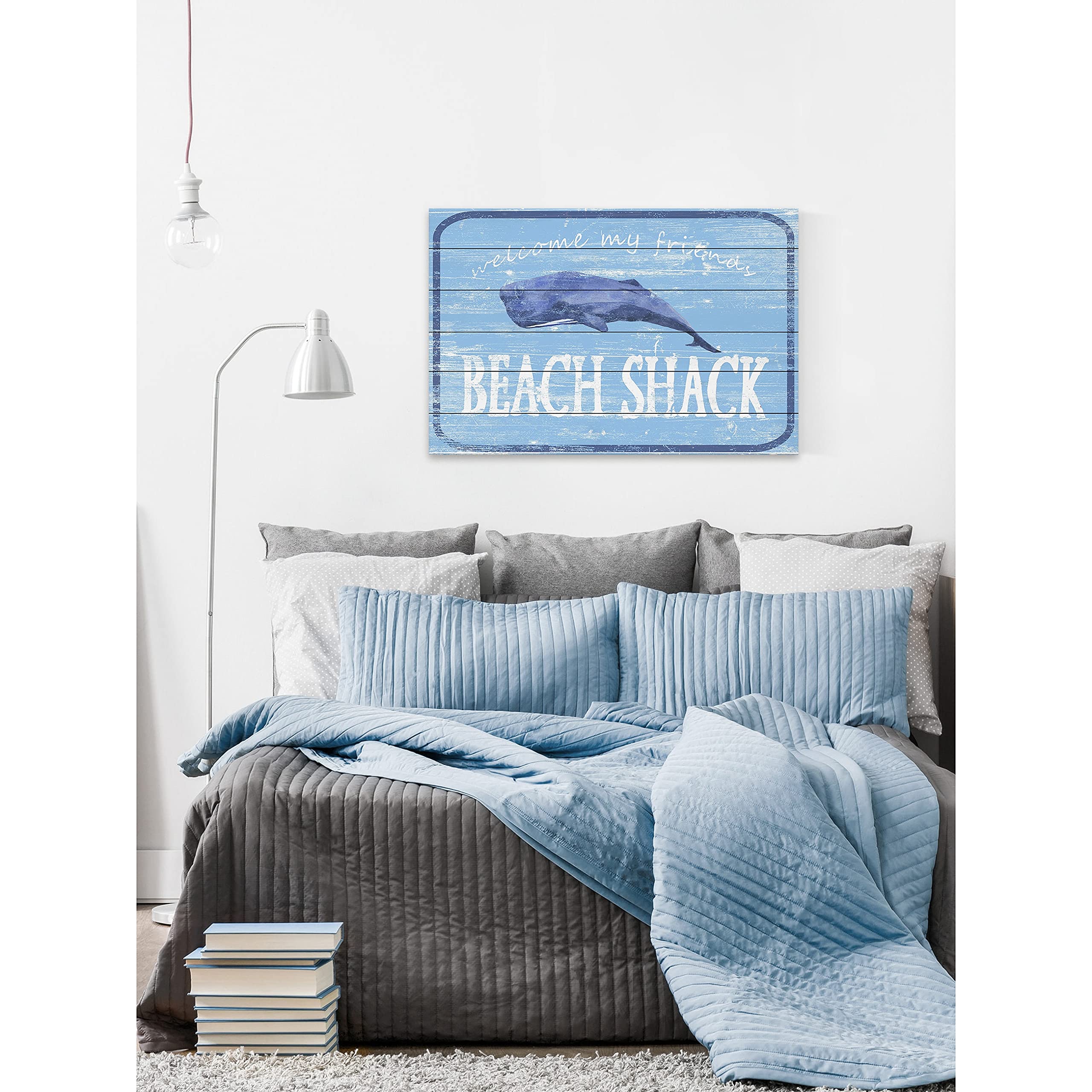 Handmade Beach Shack Painting Print on White Wood - 24x16 Inch Coastal Wall Art Decor for Living Room, Bedroom & Beach House