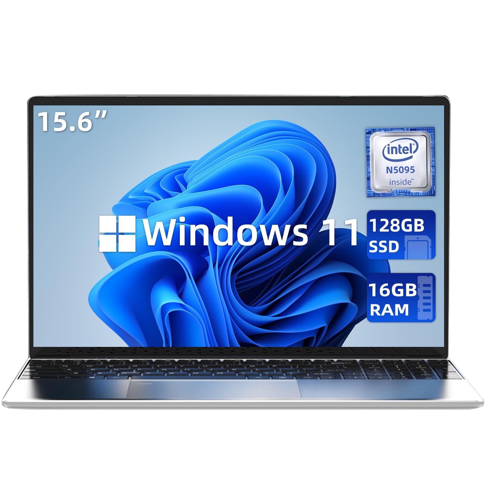 Aichiw 15.6 Inch Laptop - Windows 11, 16GB RAM, 128GB SSD, Intel Celeron Quad-Core Processor up to 2.9GHz, Lightweight Notebook with Dual Band WiFi, Fingerprint Security, Backlit Keyboard - Silver | Perfect for Work, Study & Home Office Use