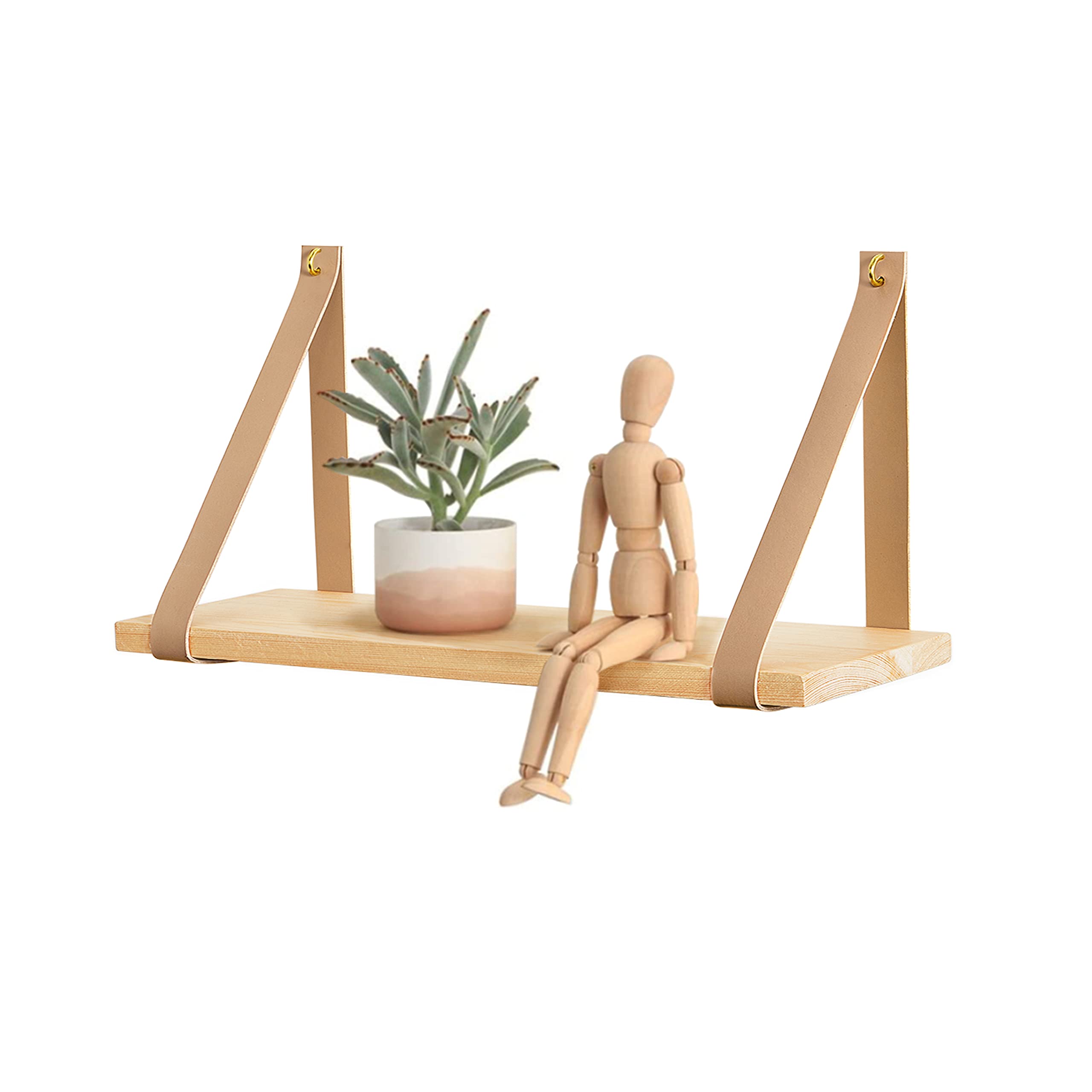 **Mkono Floating Wall Shelf Set of 2 - Wooden Hanging Storage Shelves with Leather Straps for Nursery, Bedroom, Living Room & Bathroom - Perfect for Organizing Books, Decor & Essentials**