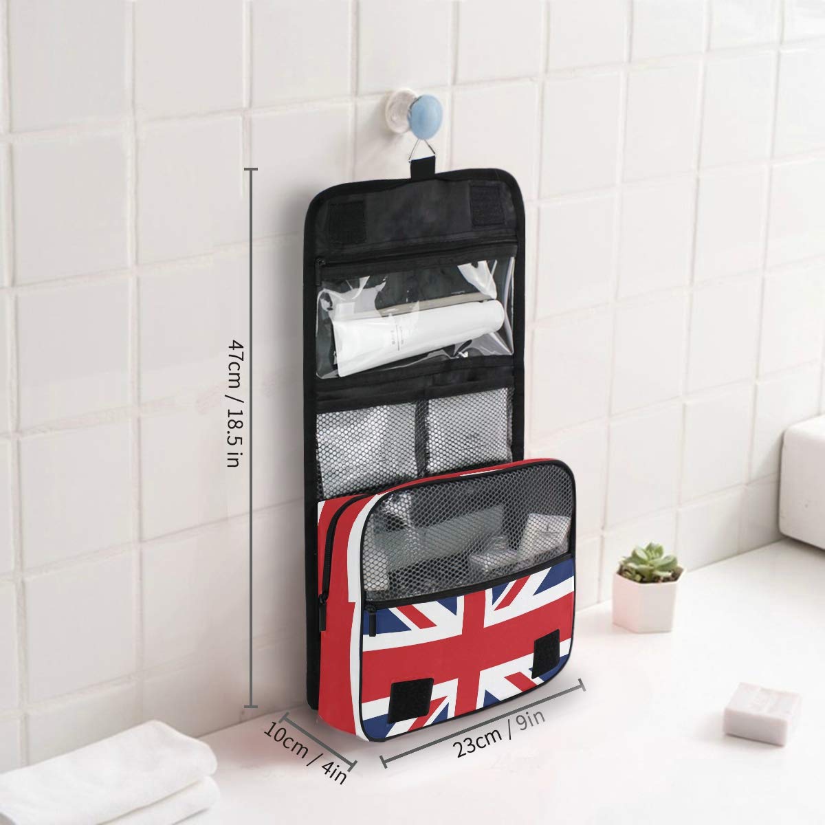 ALARGE Hanging Toiletry Bag with British Union Jack Flag Design - Large Portable Travel Cosmetic Organizer for Women & Men - Perfect for Camping, Gym, Business Trips and Vacation Essentials Storage