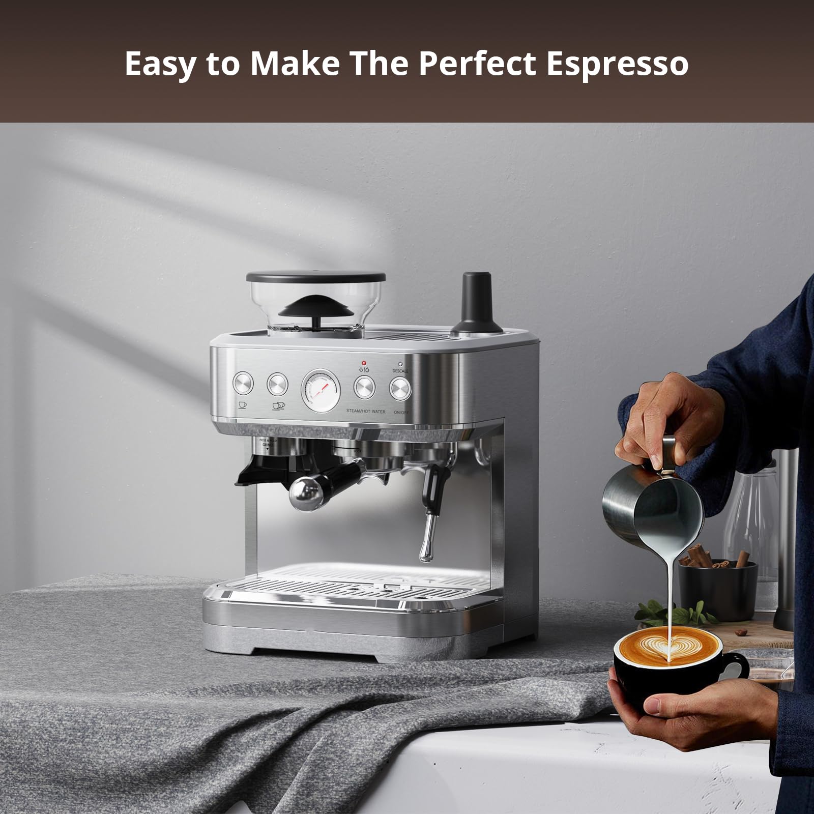 Acekool 15 Bar Espresso Coffee Machine with Milk Steamer & Frother - 77oz Stainless Steel Water Tank - Perfect for Latte, Cappuccino & Macchiato | Compact Espresso Maker for Home & Office Use