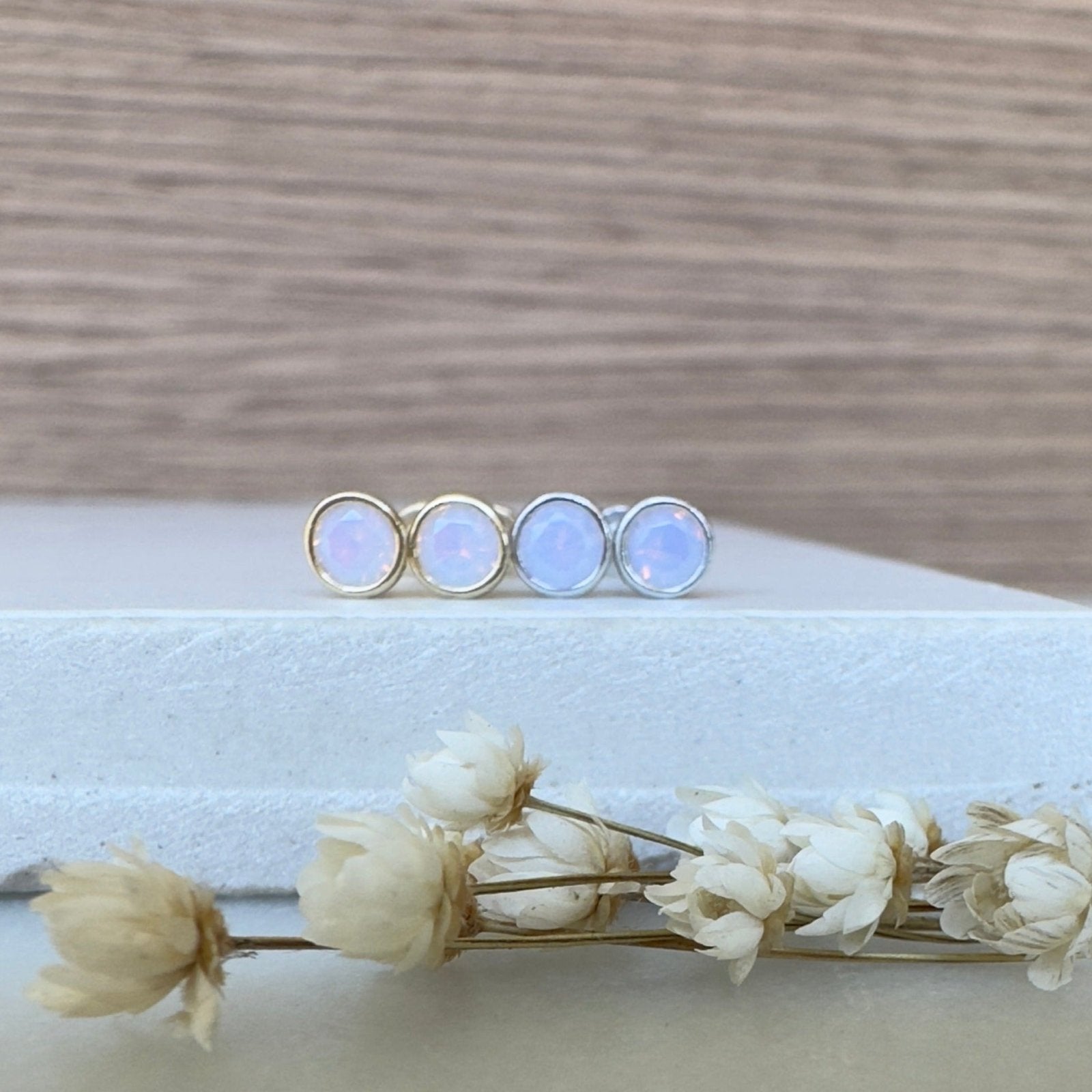 14K White Gold Round Pink Opal Flat Back Stud Earrings - Bezel Set Gemstone Jewelry for Women, Gift for Her, Birthday, Anniversary, Valentine's Day