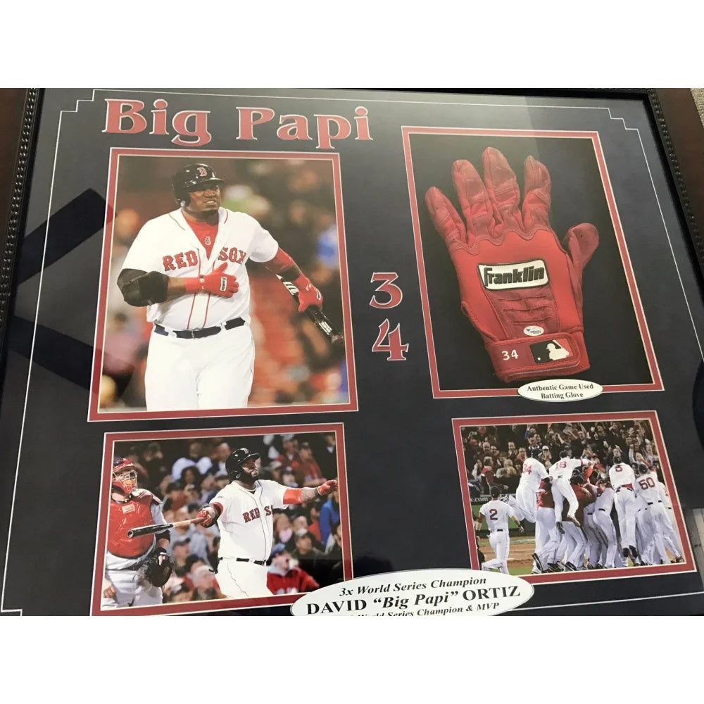 Authentic David Ortiz Game Used Batting Glove with COA - Framed 8x10 Red Sox Memorabilia - Perfect for Baseball Fans, Man Cave Decor, and Sports Collectors