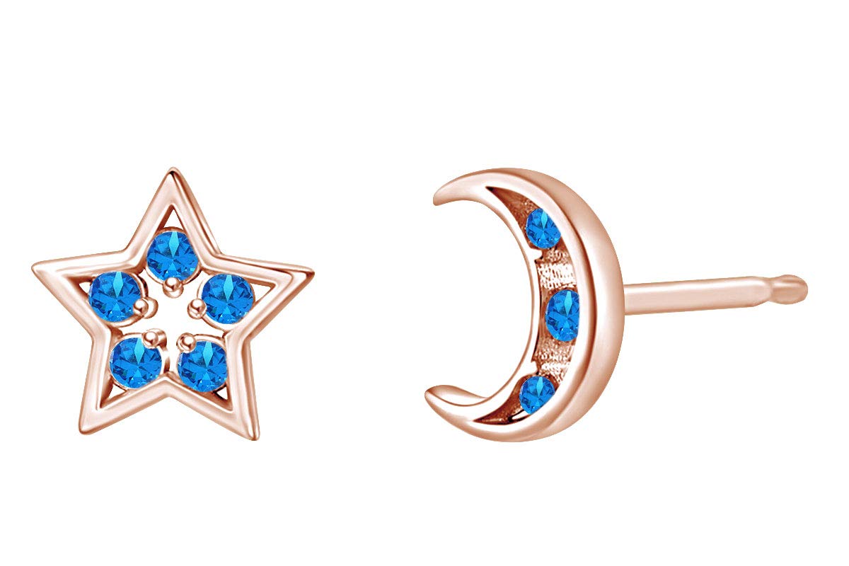 14k Rose Gold Over Sterling Silver Simulated Birthstone Moon & Star Stud Earrings for Women – Perfect for Birthdays, Anniversaries & Everyday Elegance