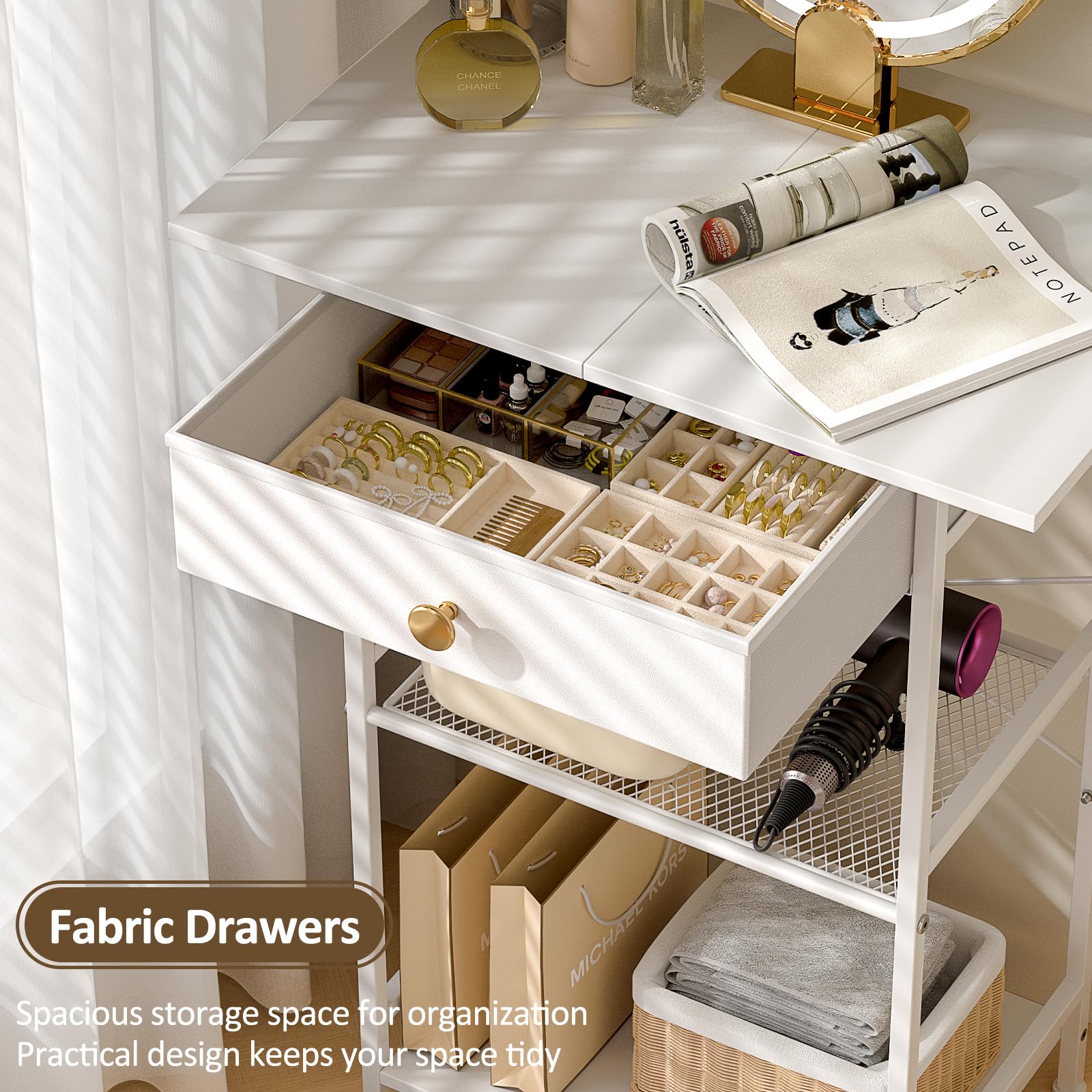 Compact White Makeup Vanity Table with Fabric Drawers - 23.6
