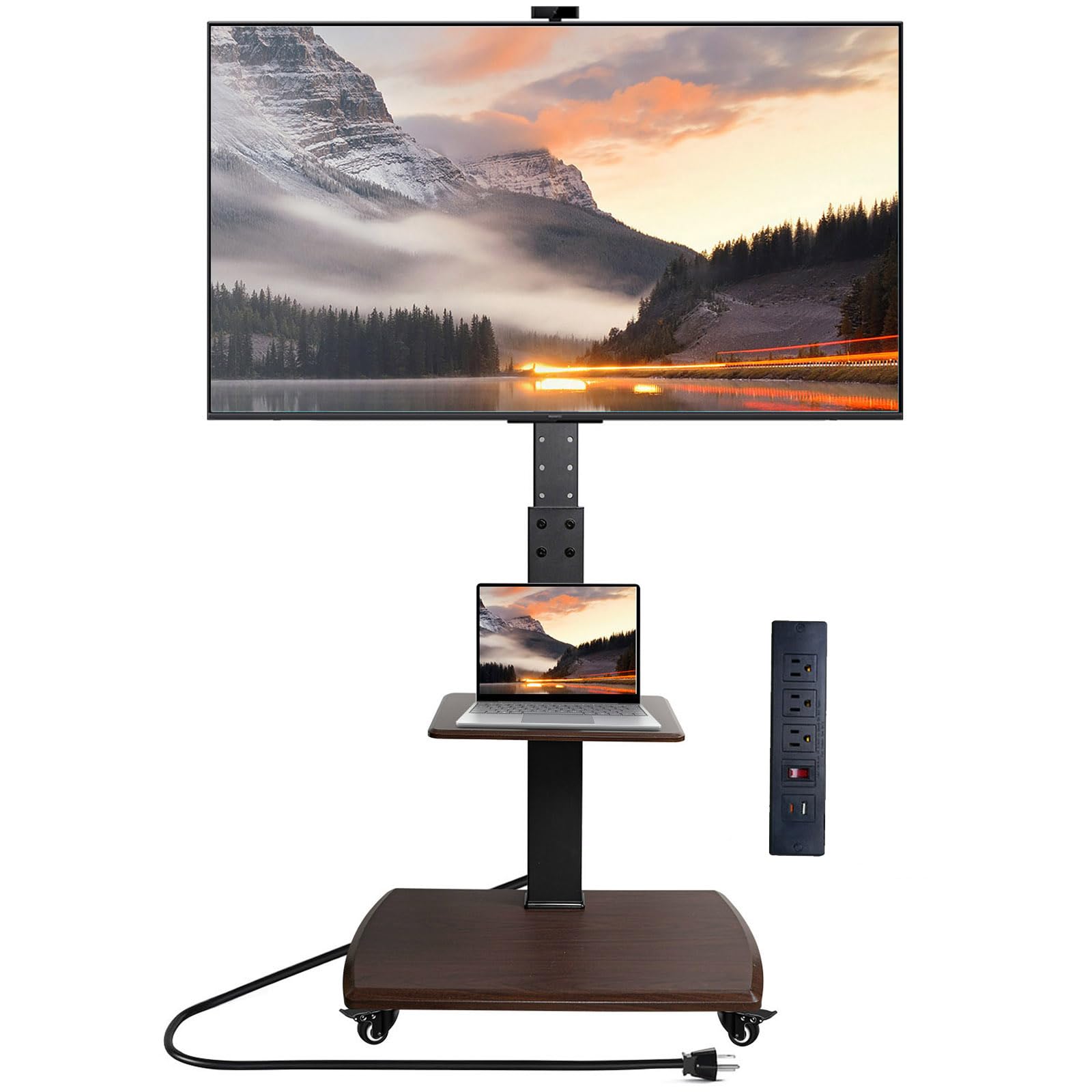 Adjustable Mobile TV Stand on Wheels for 32-80 Inch Flat/Curved TVs - Rolling TV Cart with Power Outlet, Height Adjustable, Supports 130 lbs & VESA 650x500mm - Perfect for Living Room, Bedroom, or Office (Brown)