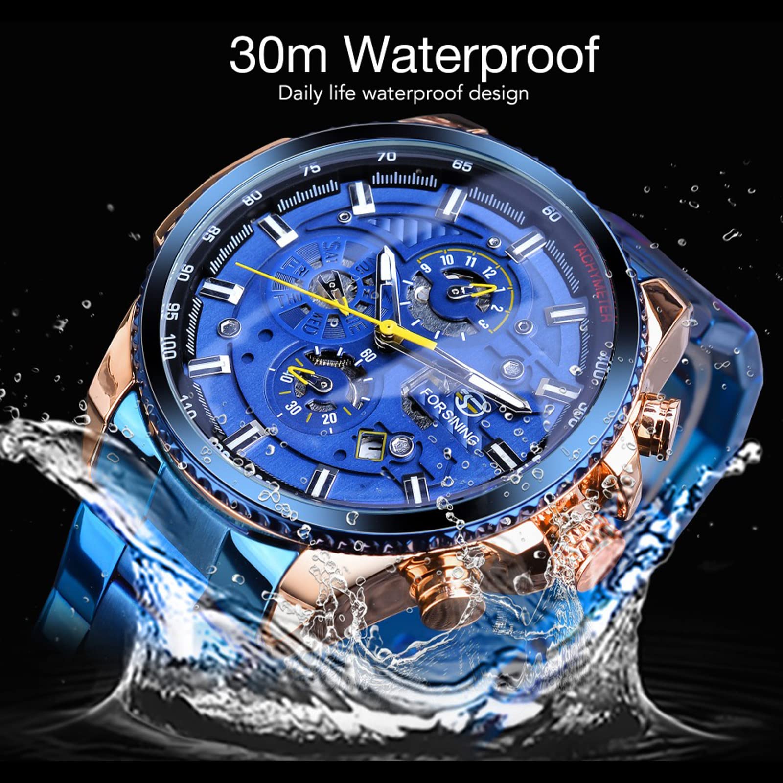 FORSINING Men's Automatic Self-Winding Mechanical Watch - Luxury Stainless Steel Case with Large Dial, Date, Month, Day, Stopwatch & Tachymeter - Perfect for Business, Formal Events & Everyday Wear