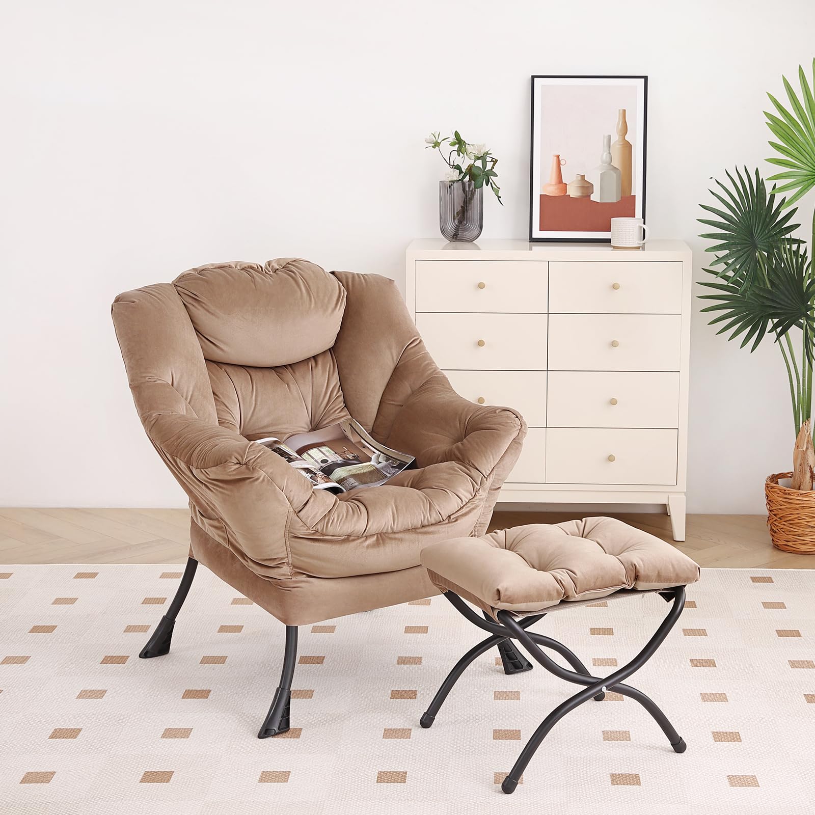 Modern Lazy Chair with Ottoman - Folding Footrest Lounge Accent Chair for Bedroom, Living Room & Study - Oversized Comfortable Reading Armchair - Perfect for Relaxing, Napping & Courtyard Lounging (Khaki)