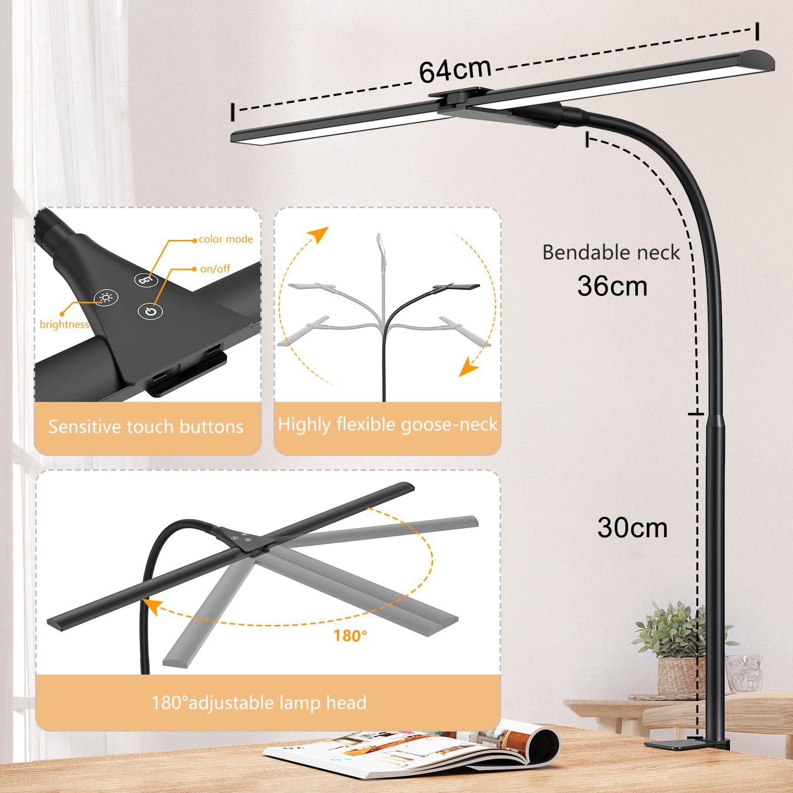 EppieBasic Adjustable Double Head LED Desk Lamp with Clamp - Eye-Caring Home Office Lighting, Flexible Gooseneck & Dimmable Monitor Light for Computer Work, Reading, and Study