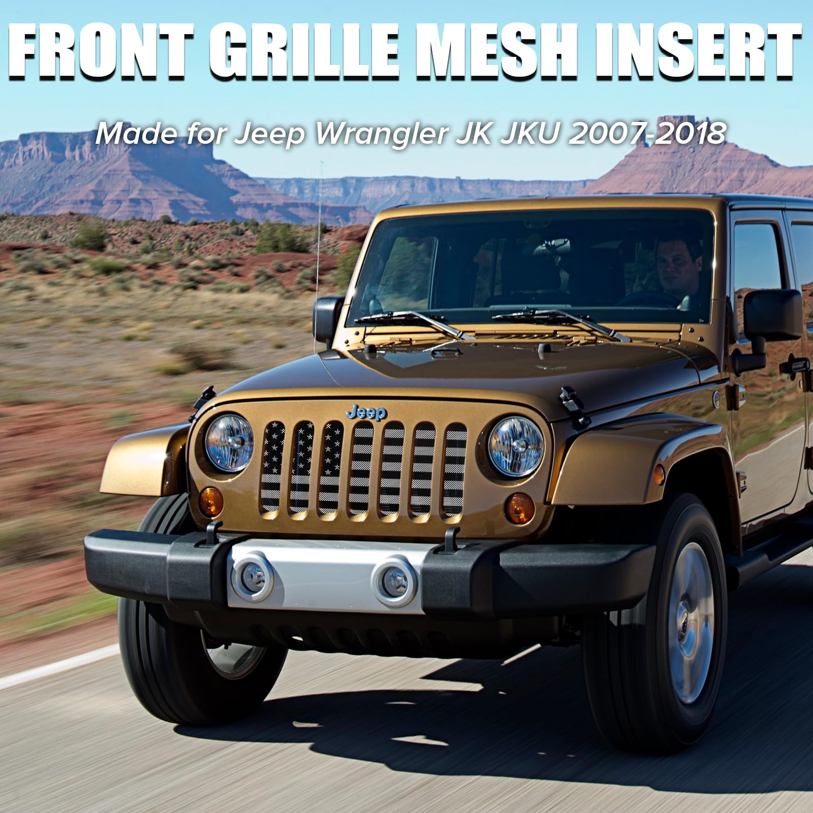 Moveland Aluminum Alloy Front Grill Insert with US Flag Design - Compatible with 2007-2018 Jeep Wrangler JK & JKU Models | Durable Mesh Screen for Off-Road Protection & Patriotic Style Upgrade