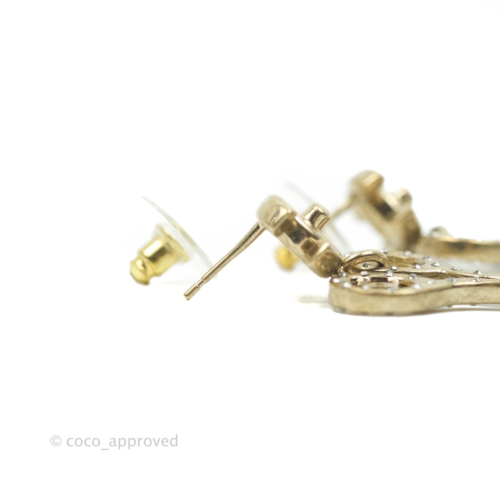 Chanel CC Lock Crystal Drop Earrings - Aged Gold Tone Vintage 21V for Women | Elegant Party & Evening Wear Jewelry