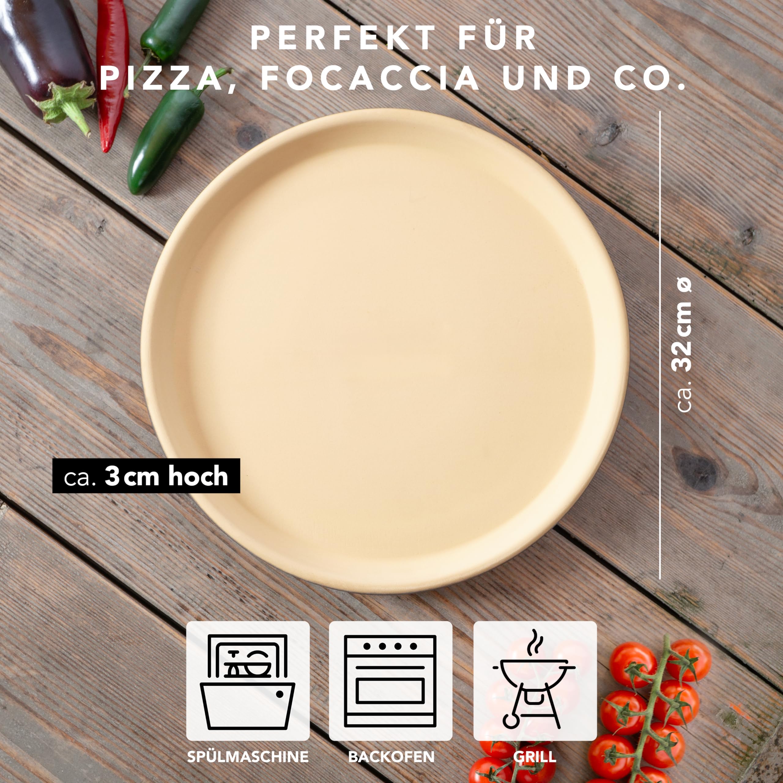 Premium Römertopf Pizza Stone for BBQ, Gas Grill, Charcoal Grill & Oven - 31.5cm Round Baking Stone for Perfect Homemade Pizza, Bread & Roasting - Ideal for Outdoor Cooking & Indoor Baking