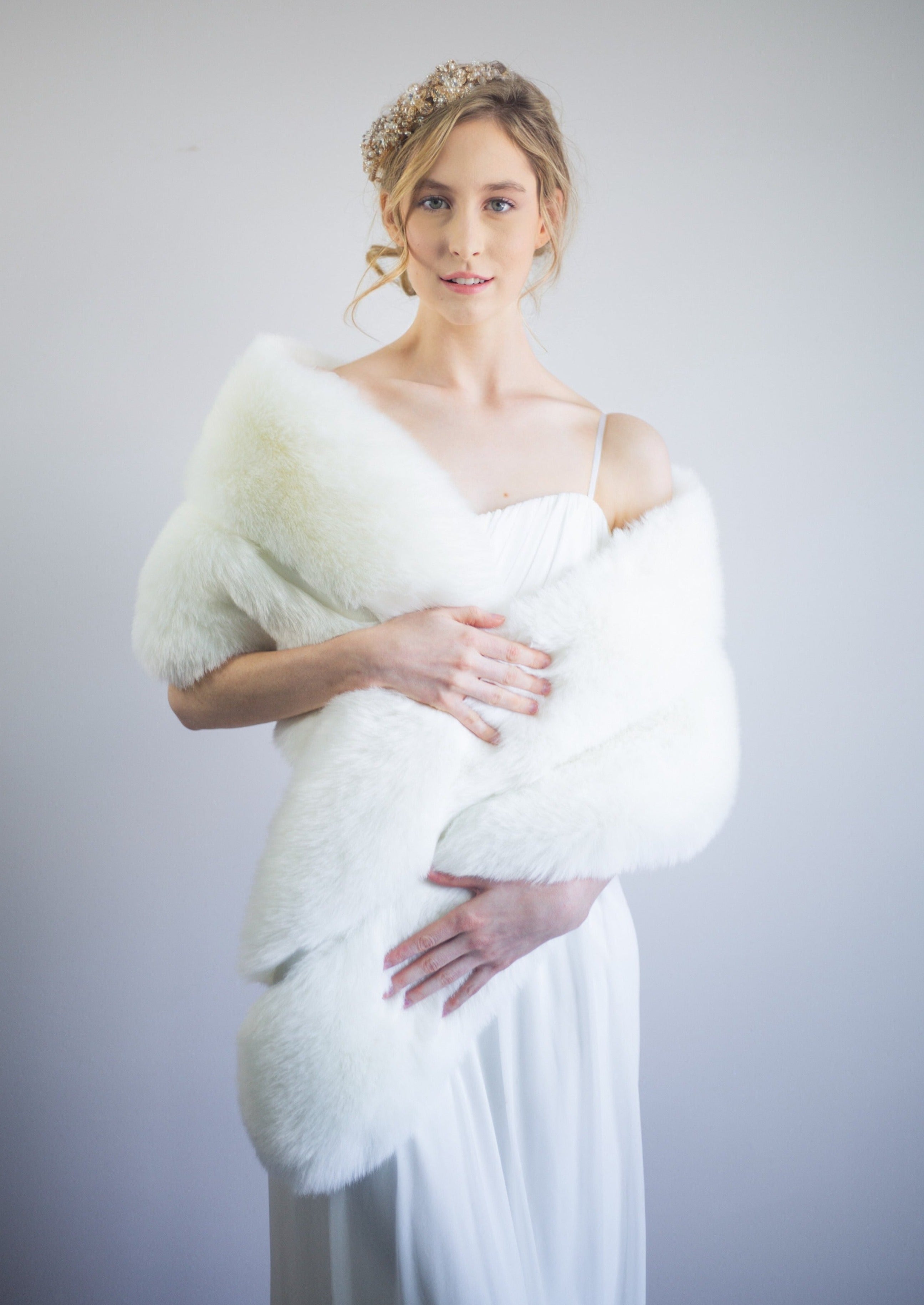 Elegant Pure Ivory Fur Shawl for Brides - Celia Wht01 | Perfect for Weddings, Photo Shoots & Formal Events