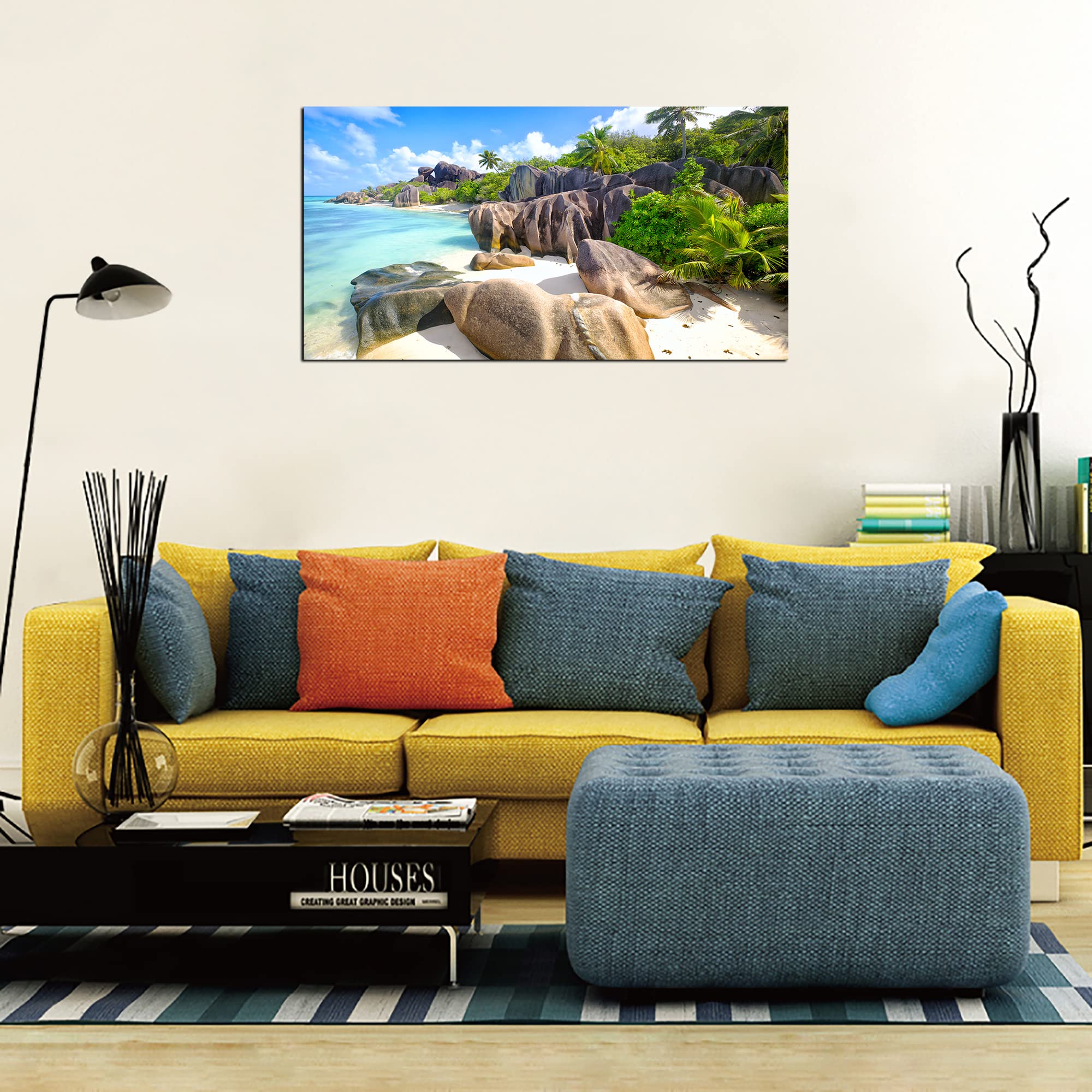 YP0775 Beach Wall Art - Stone Coconut Trees on Sands Seascape Painting - Tropical Nature Picture for Bedroom, Living Room & Office Decor - Perfect for Coastal, Vacation Home or Beach House Style