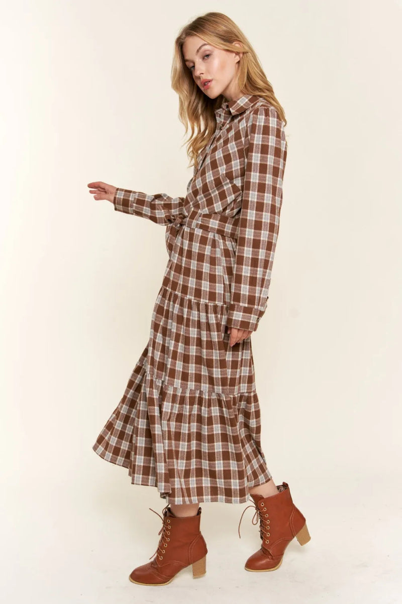 Stylish Plaid Tiered Midi Shirt Dress for Women - Perfect for Office, Date Night & Casual Outings