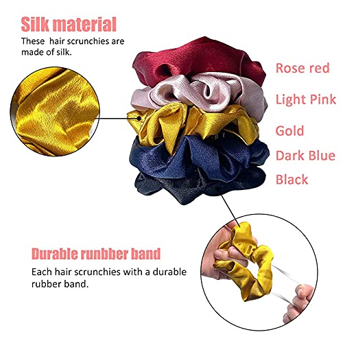 CHIROGRAPHY 5 Pack Large Silk Scrunchies for Women & Girls - Soft Elastic Hair Ties, No-Slip Hair Bands in 5 Colors - Perfect for Workouts, Office, and Everyday Styling