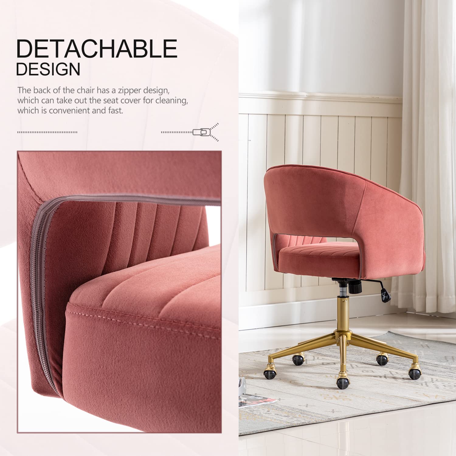 Velvet Swivel Office Chair with Adjustable Wheels - Ergonomic Upholstered Desk Chair for Home Office, Living Room, Bedroom & Study - Comfortable Computer Chair for Work, Gaming & Vanity (Rose)