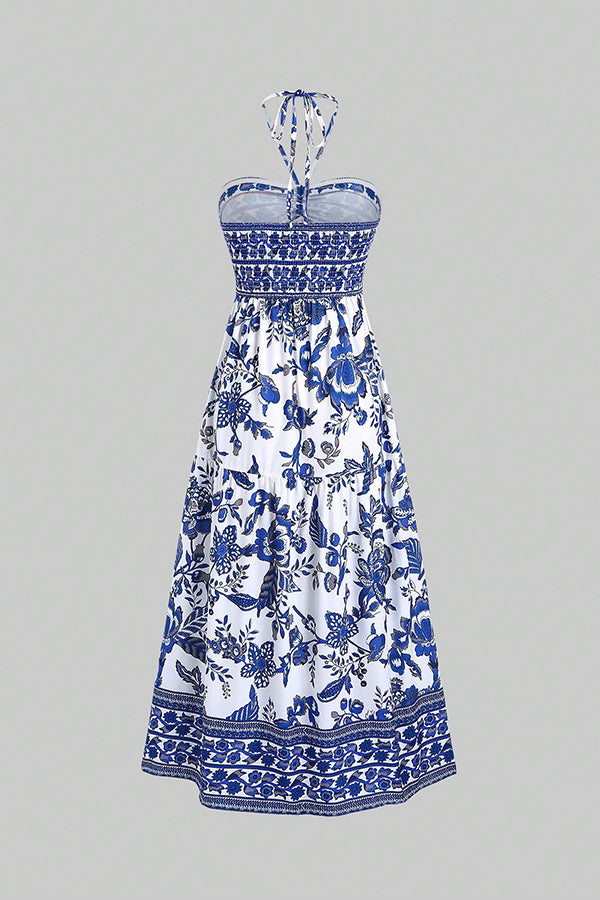 Bohemian Holiday Style Unique Print Halter Neck Tie Slit Midi Dress - Flowy Summer Beach Dress for Women, Perfect for Vacations, Parties & Date Nights