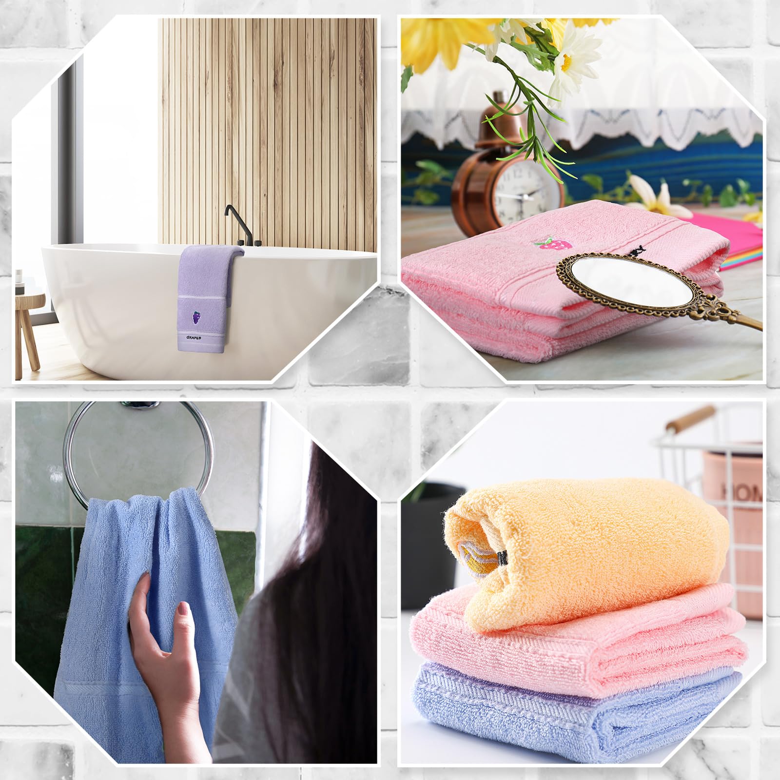 Geyoga 6-Piece Soft Absorbent Cotton Embroidery Hand Towels Set - Pastel Fruit & Animal Designs for Kitchen, Bathroom, Dish & Body Use - Perfect Christmas Home Decor Gift