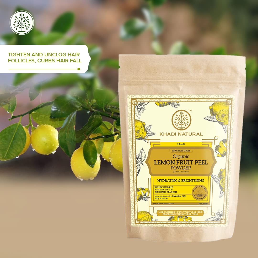 Organic KHADI NATURAL Lemon Fruit Peel Powder - Brightening & Exfoliating for Glowing Skin | Perfect for DIY Face Masks, Scrubs & Hair Treatments