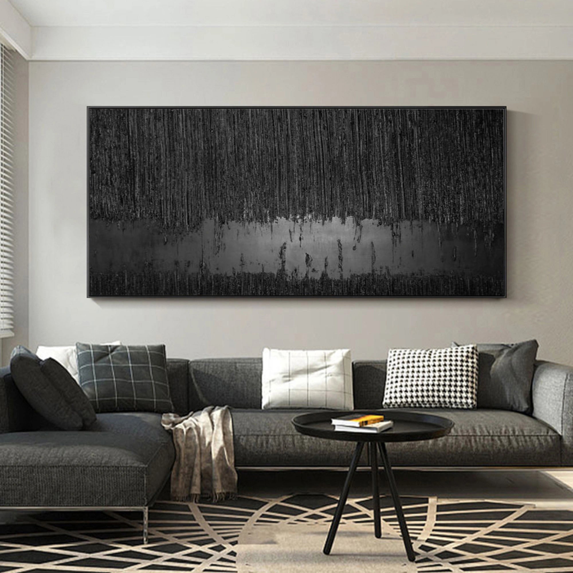 Black Minimalist Textured Abstract Wall Art Painting - Modern Home Decor for Living Room, Bedroom & Office | Premium Canvas Artwork #MZ024