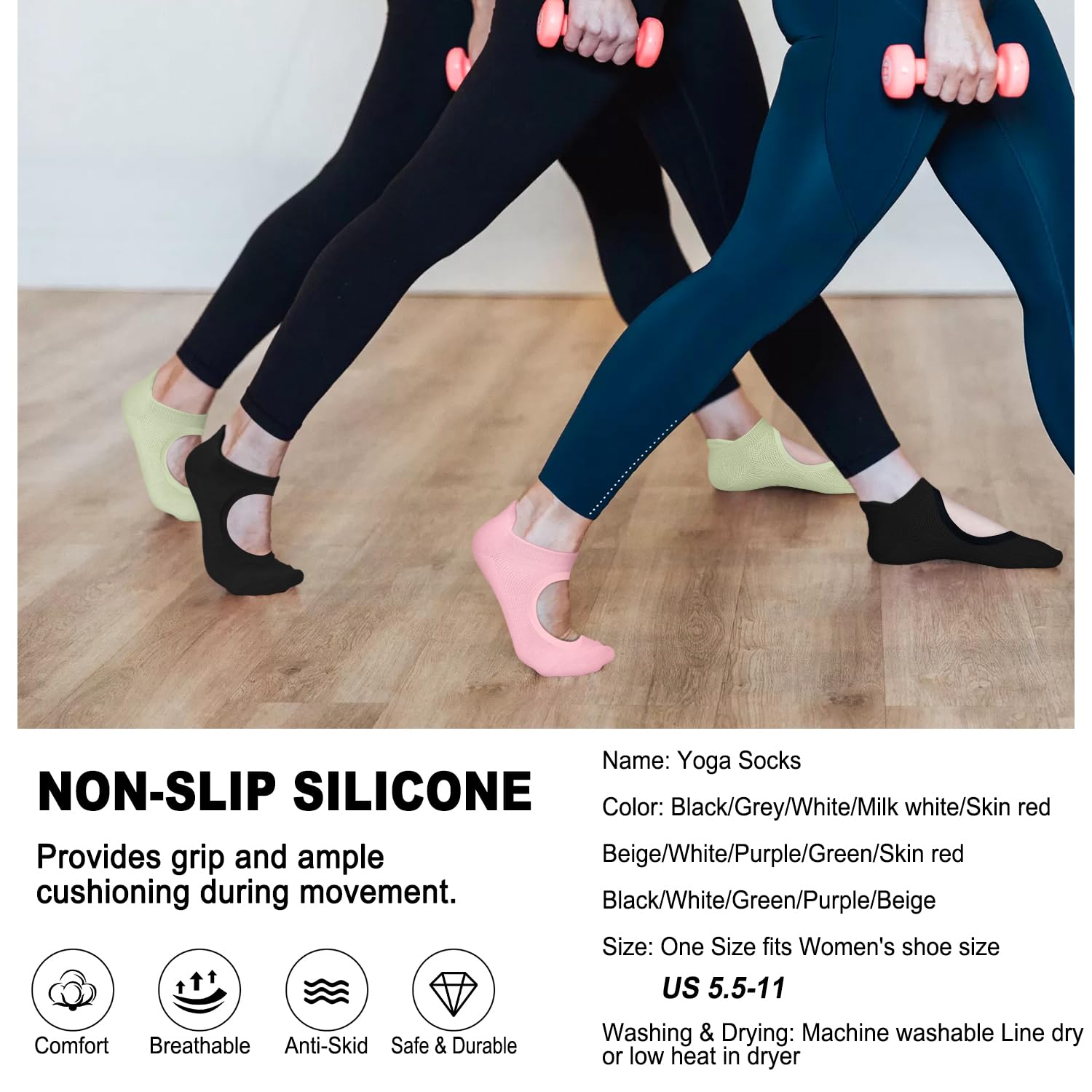 5 Pairs Non-Slip Yoga Socks with Grips for Women - Perfect for Pilates, Barre, Ballet, Dance & Hospital Use - Breathable Workout Socks for Fitness & Dance Classes