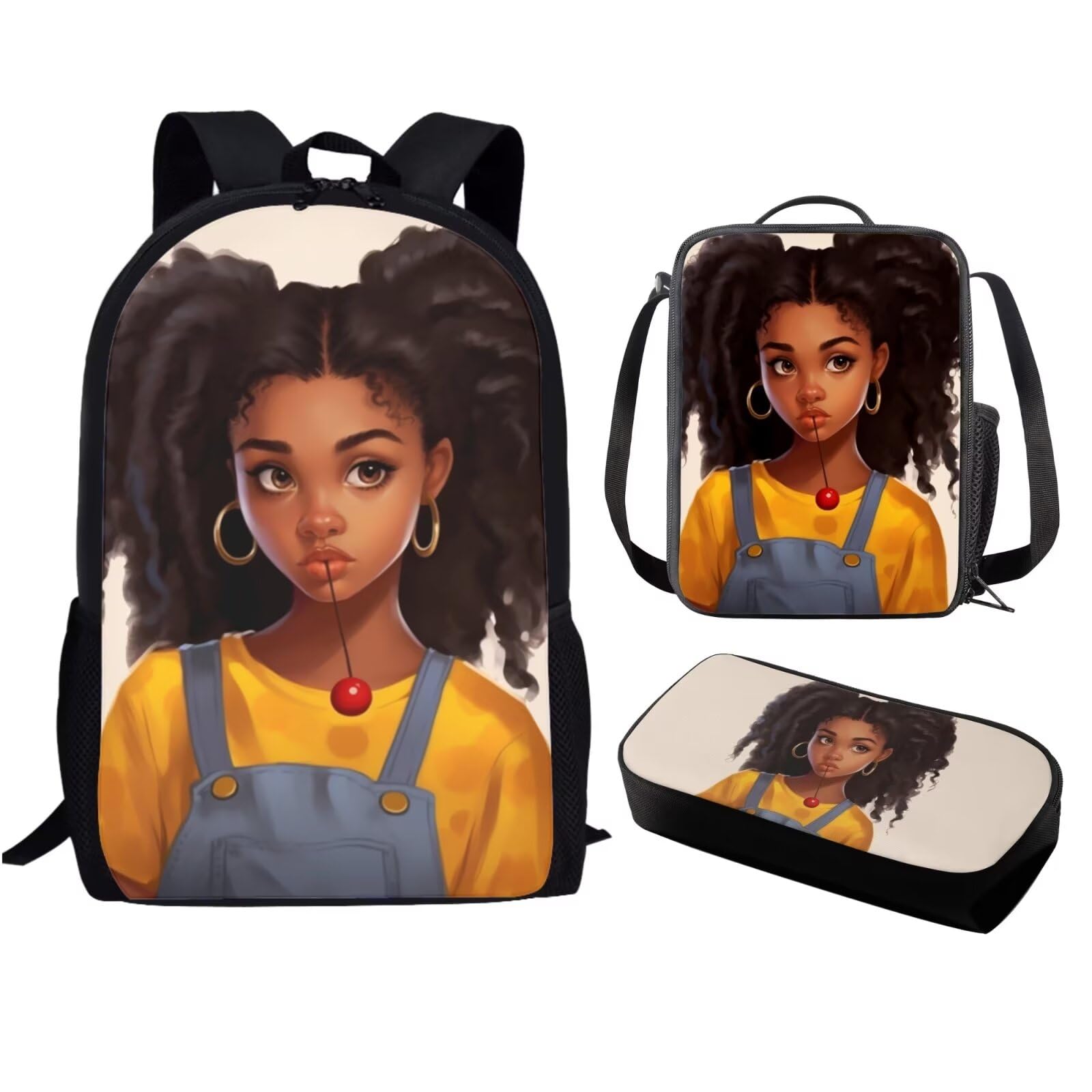 **African American Girls Backpack Set - 17 Inch School Bookbag with Lunch Box & Pencil Case for Elementary to High School (Ages 8-14) - Durable Backpack for Afro Black Girls - Perfect for School, Travel & Daily Use**
