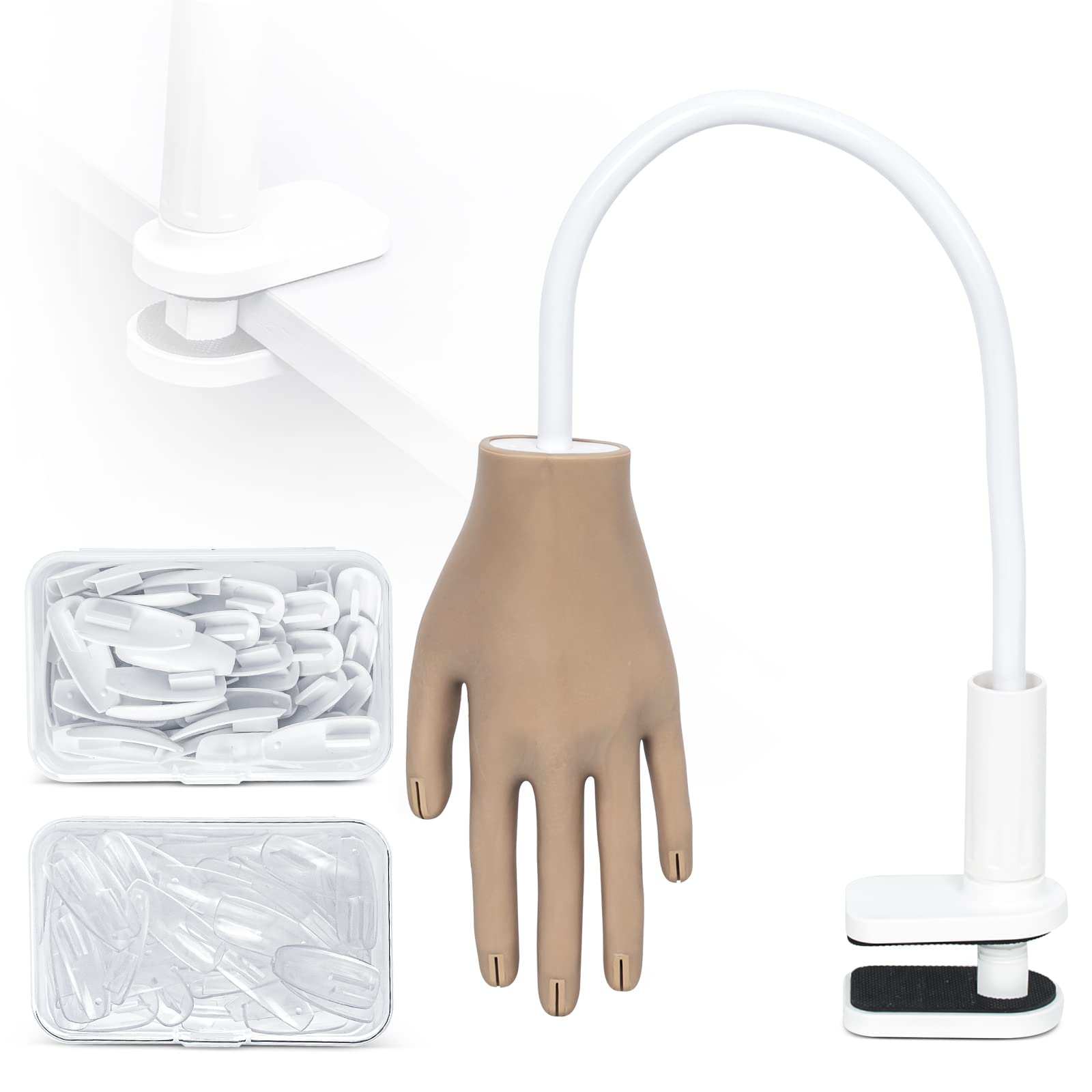 Buqikma Flexible Moveable Nail Training Hand Model Kit - 100 PCS Acrylic Nail Practice Tips for DIY & Salon Manicure, Realistic Flesh-Colored Nail Art Training Hand for Beginners & Professionals - Perfect for Home Practice, Nail School, and Salon Demonstrations (#1)