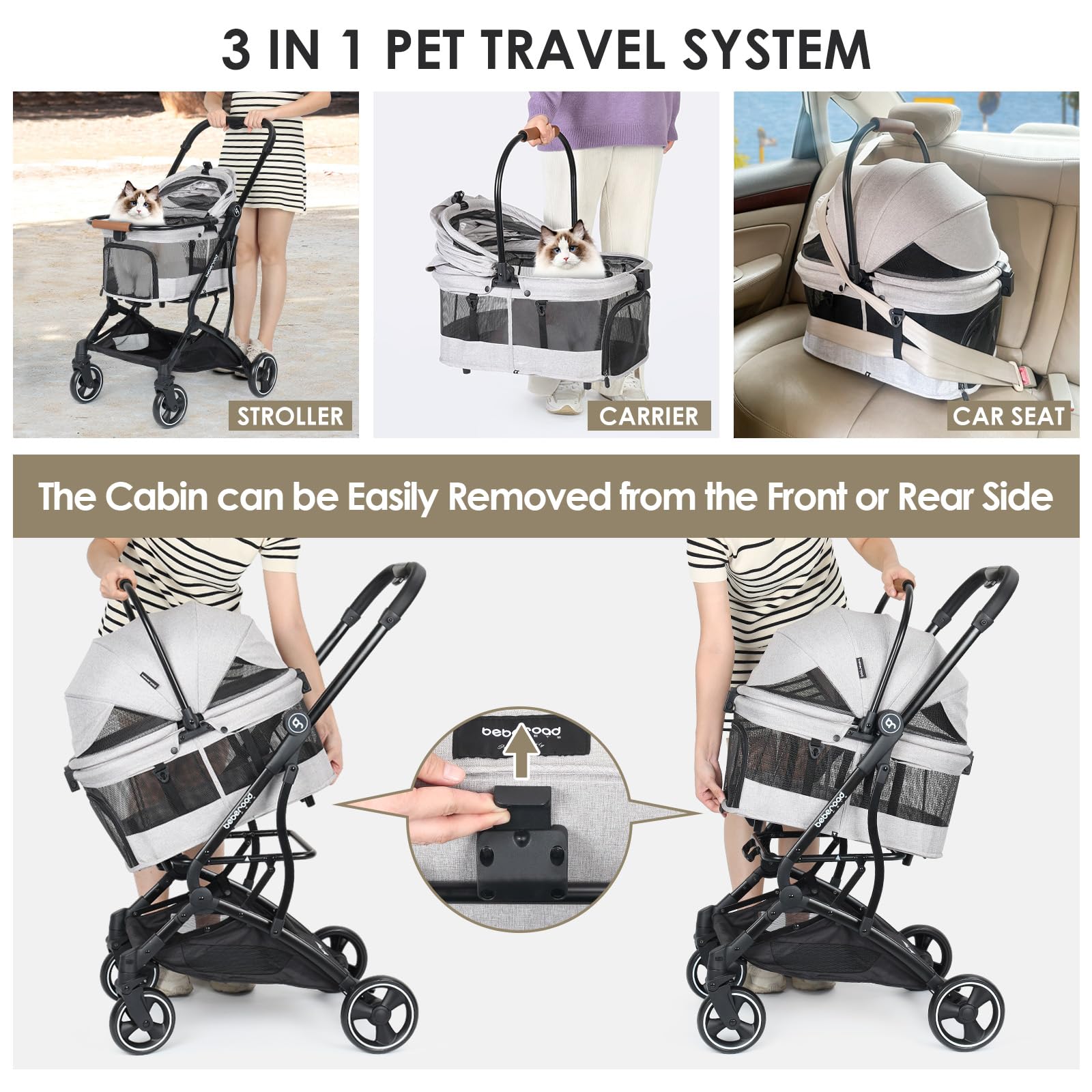 T3 Pet Stroller 3-in-1 for Small & Medium Dogs & Cats - Foldable Lightweight Dog Stroller with Detachable Carrier | Travel-Ready Pet Gear for Walks, Vet Visits & Outdoor Adventures (Grey)
