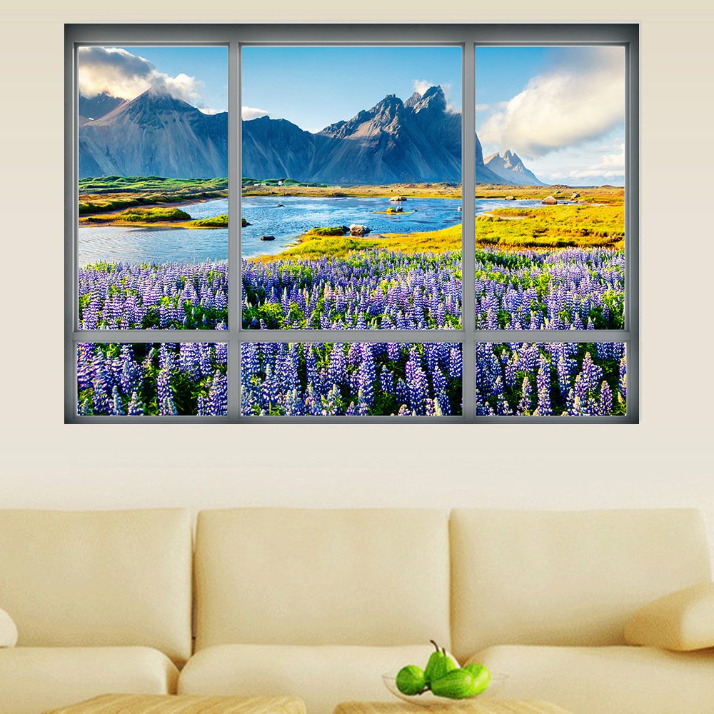 DNVEN 28x20 Inch 3D Fake Window Decal - Lavender Fields Mountain View HD Vinyl Wall Sticker for Bedroom, Living Room & Playroom | Home Decor, Office & Nursery Wall Art