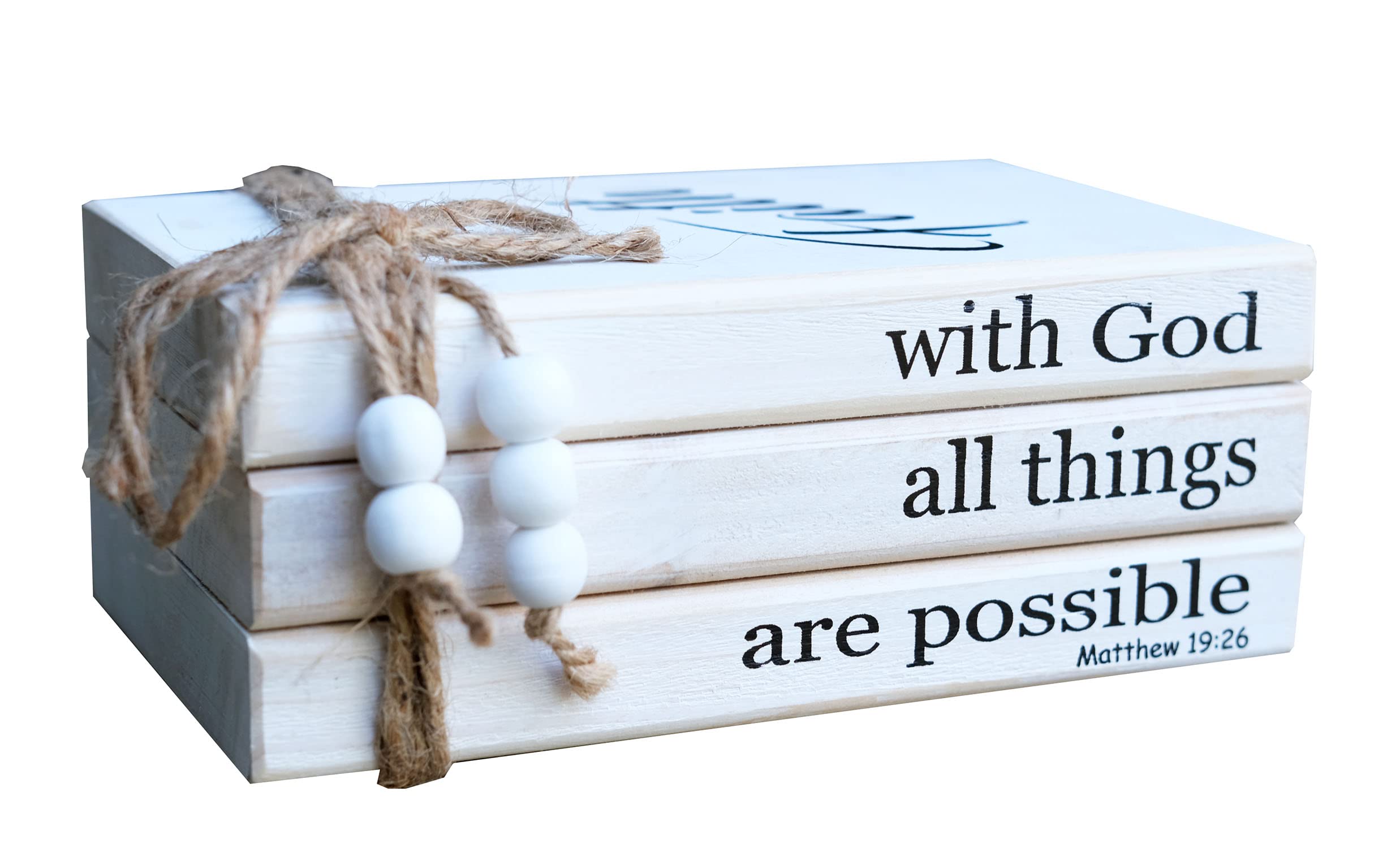 LIVDUCOT Farmhouse Wooden Decor Book Stack - Rustic Faux Book Stacks for Modern Home Decor | Coffee Table & Bookshelf Decoration | With 'With God All Things Are Possible' Sign - Perfect for Living Room, Office & Gift Giving