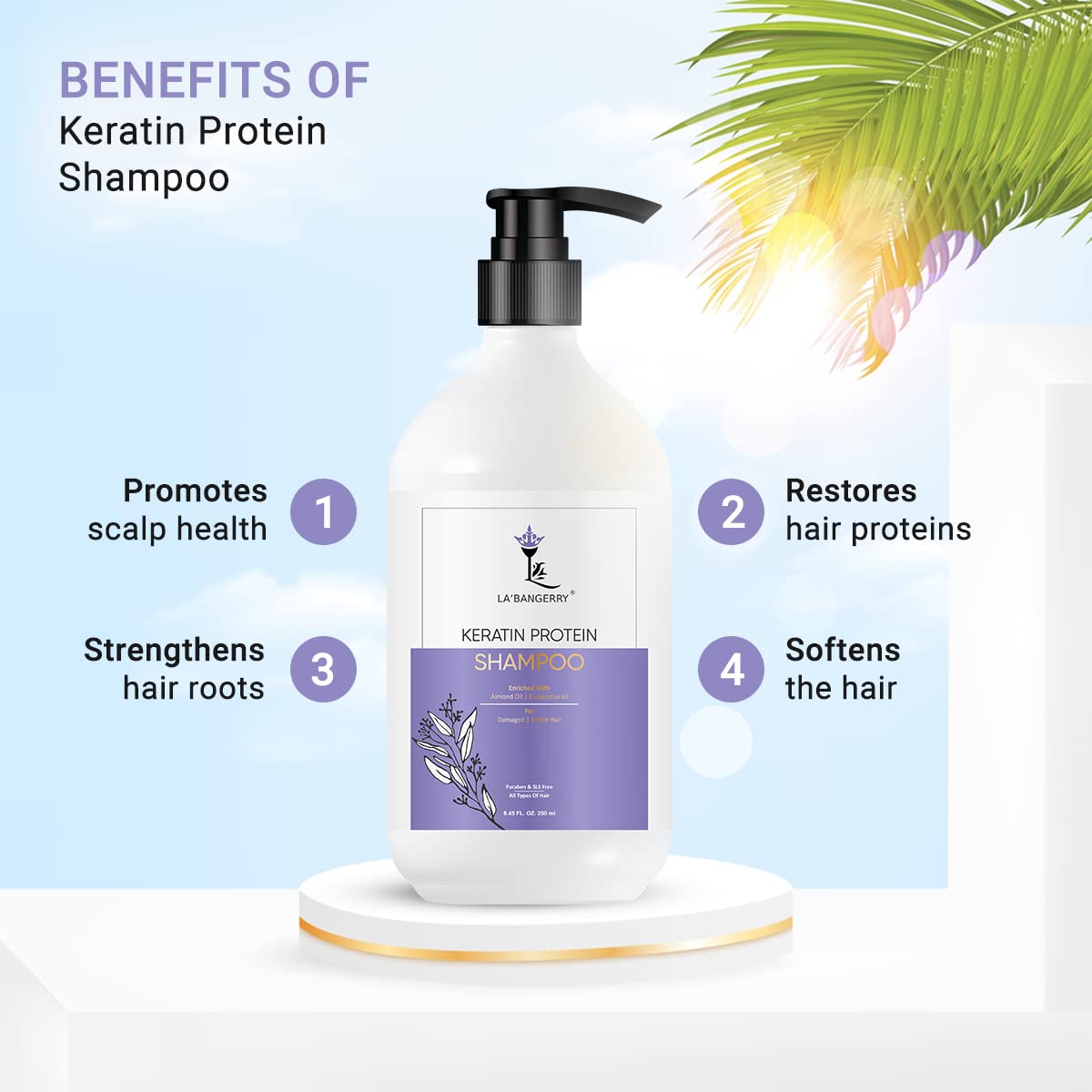 LA'BANGERRY Keratin Protein Shampoo with Almond Oil & Argan Oil - Hydrating & Frizz Control for Dry Hair - Men & Women - 250ml | Perfect for Damaged, Curly & Color-Treated Hair at Home or Salon