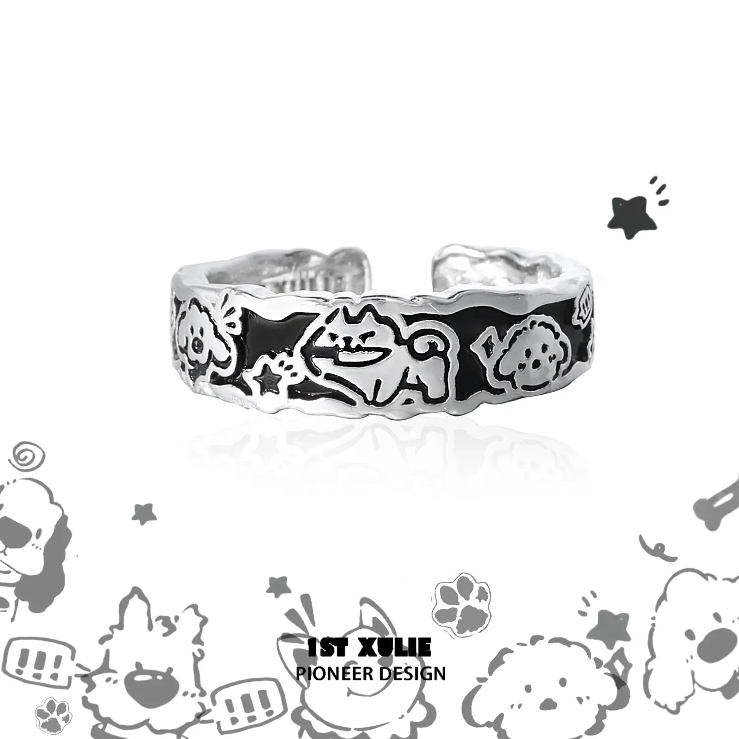 Graffiti Puppy S925 Sterling Silver Happy Dog Ring for Women - Trendy Animal Jewelry Gift for Dog Lovers, Perfect for Daily Wear & Special Occasions