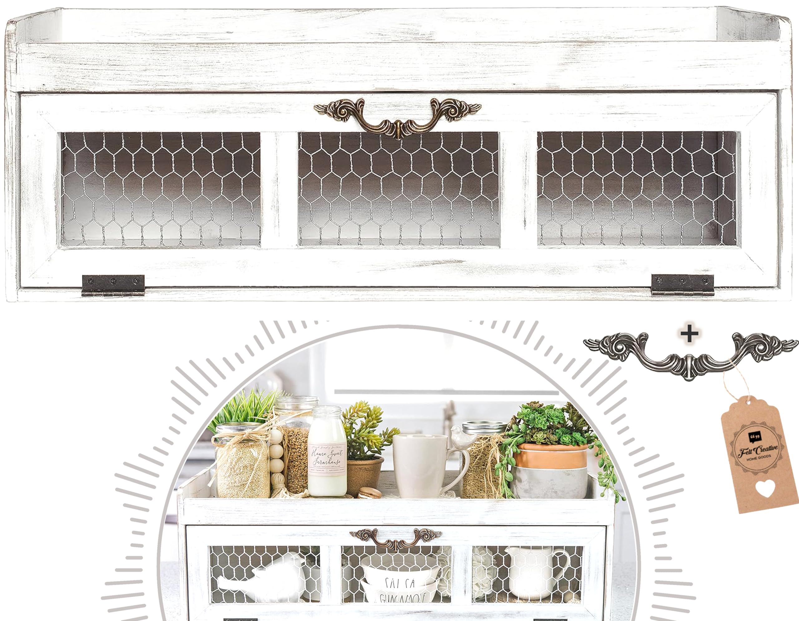 Farmhouse Chicken Wire Countertop Shelving Organizer - Rustic Kitchen Pantry Storage Cabinet with Felt Liner - Decorative Display for Country Kitchen Island - White | Perfect for Organizing Spices, Cookbooks, and Kitchen Essentials