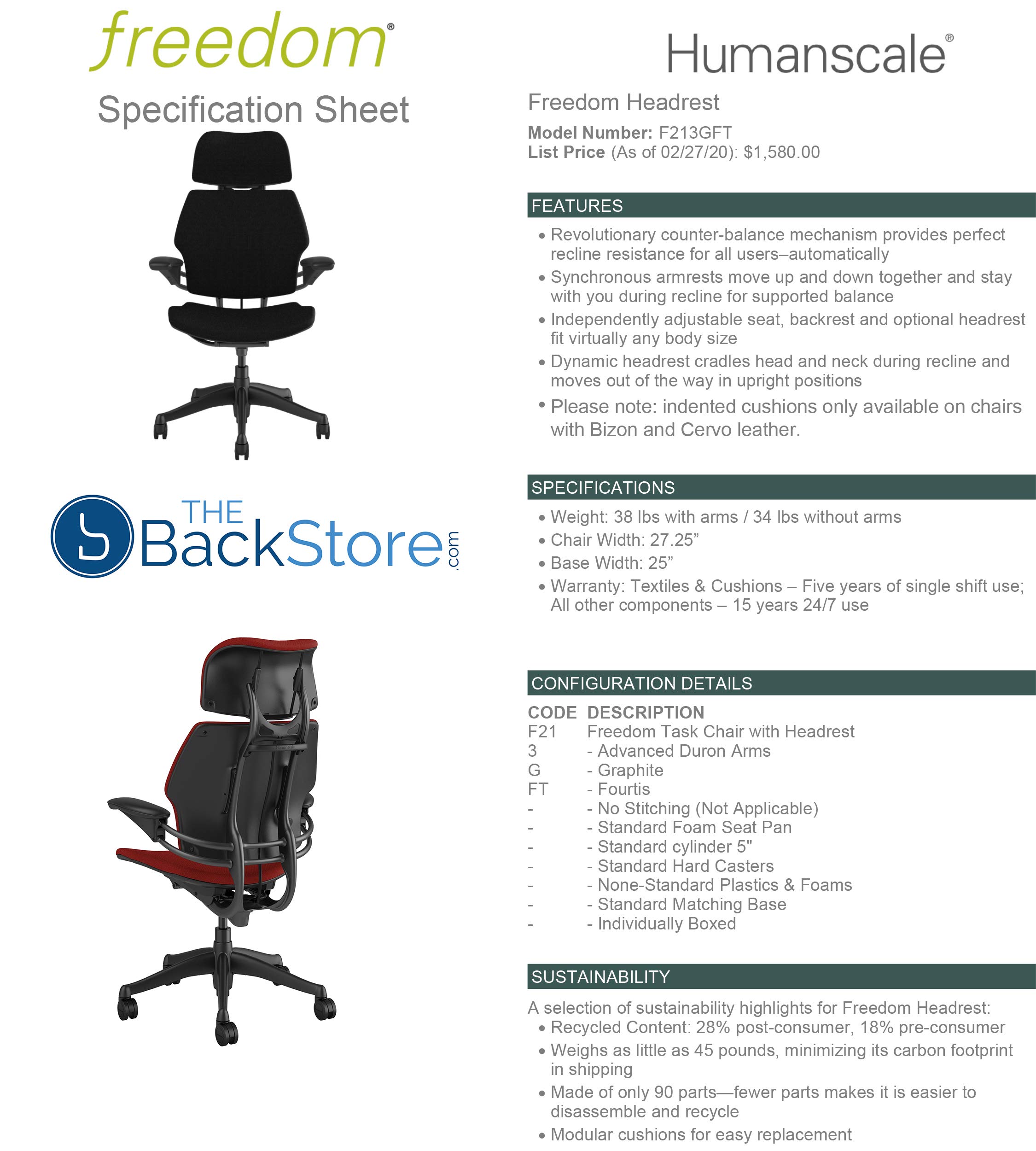 Humanscale Freedom Ergonomic Office Chair with Headrest - Adjustable Duron Arms & Wheels for Hard Floors - Graphite Frame & Alaria Green Fourtis Fabric - Perfect for Home Office, Gaming & Workspaces