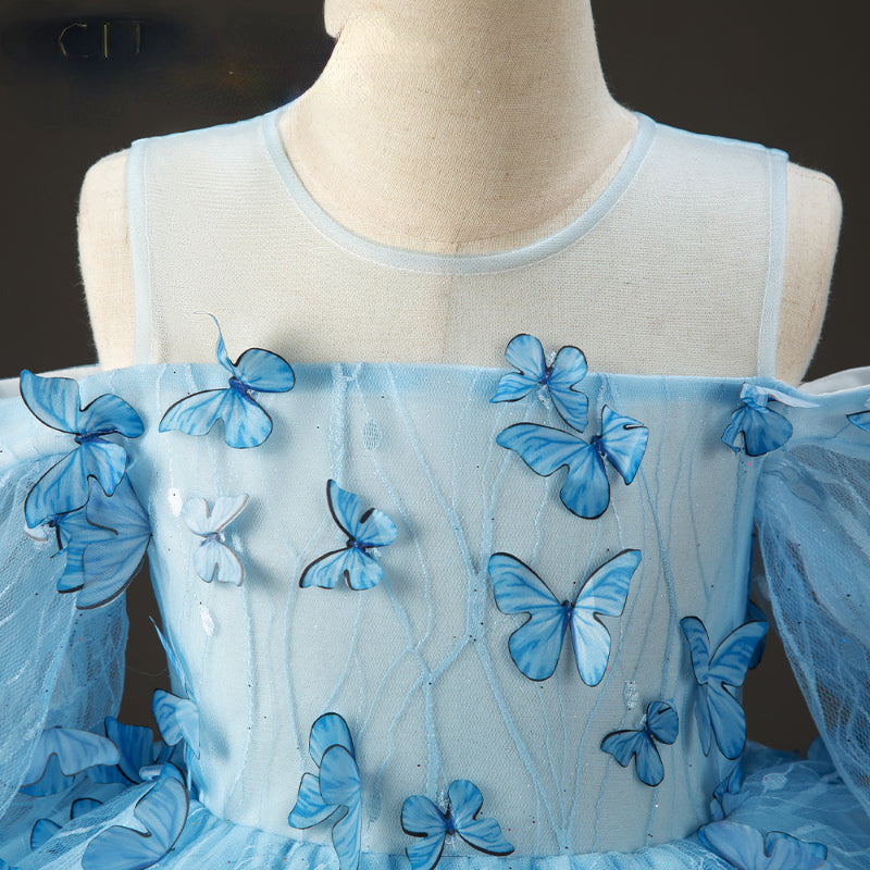 Elegant Baby Girls Blue Butterfly Puff Dress - Toddler Girl Party Dresses for Birthday, Photo Shoot & Special Occasions