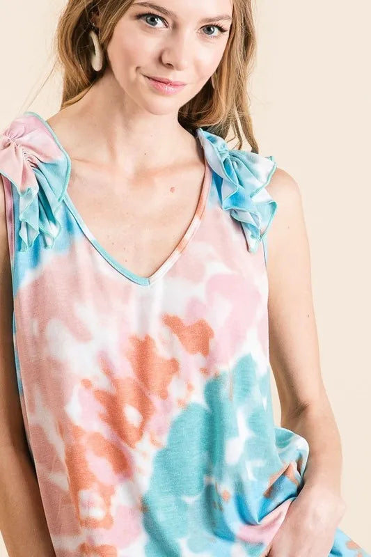 BiBi Circular Tie Dye Knit V Neck Top With Ruffle - Stylish Boho Women's Blouse for Summer, Beach, and Casual Outings