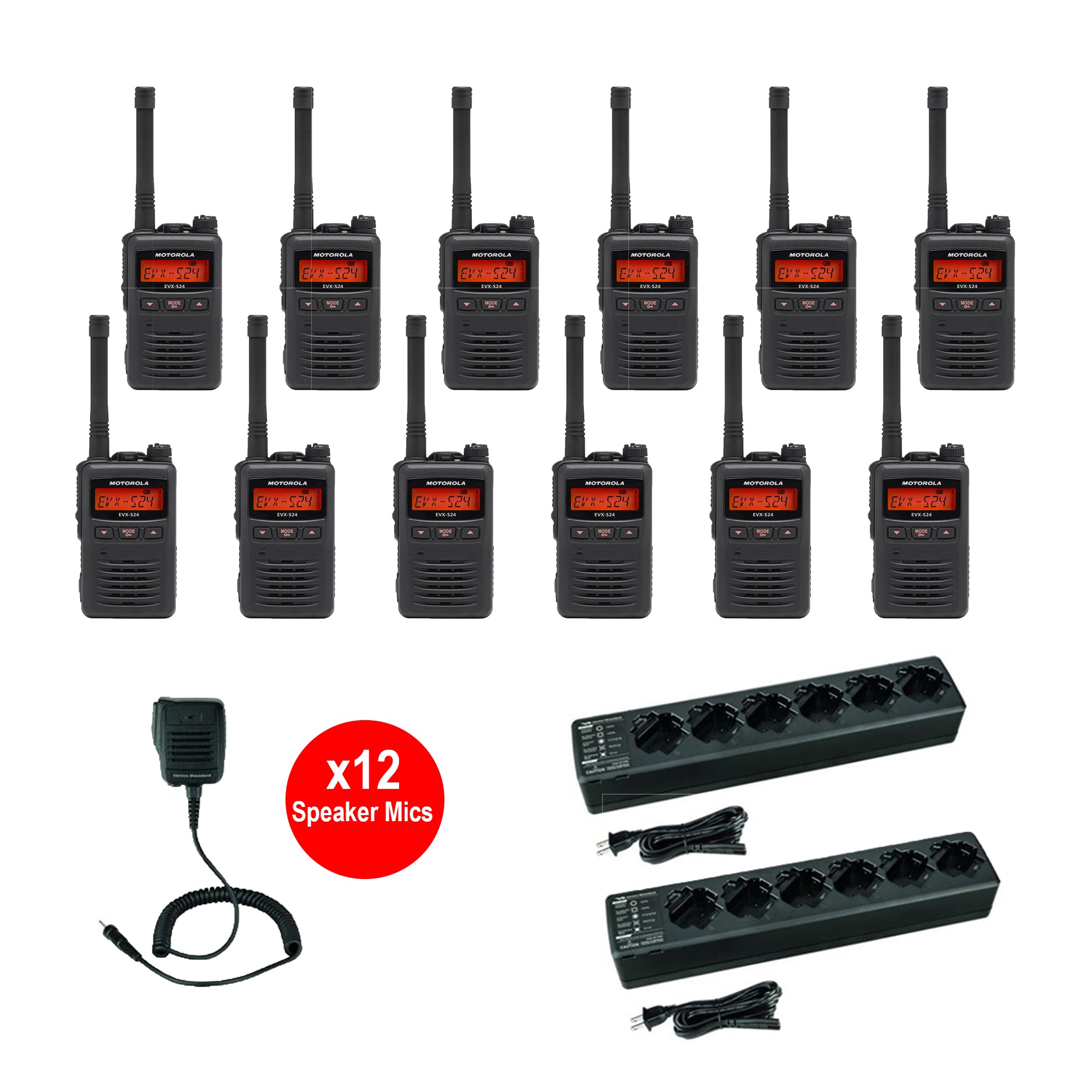 Motorola EVX S24 3 Watt 256 Channel Digital Two-Way Radio 12-Pack with 2 Multi-Unit Chargers & Speaker Microphones - Ideal for Construction, Security Teams & Event Staff Communication