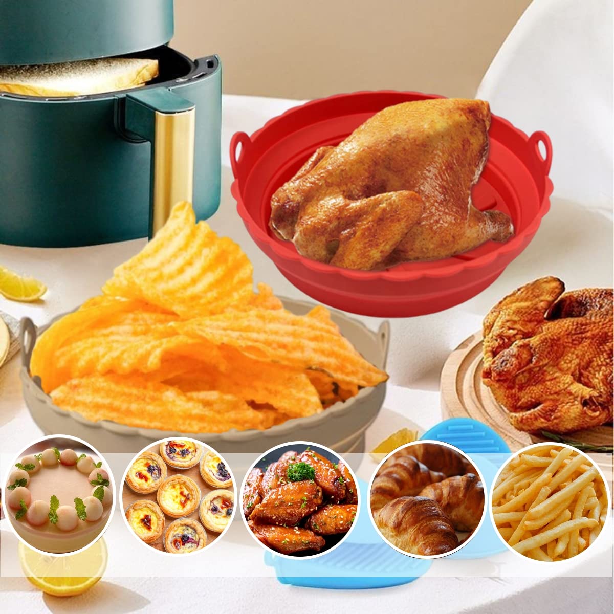 2-Pack Reusable Silicone Air Fryer Liners - 7.87 Inch Round Non-Stick Basket for Cooking, Baking & Frying | Foldable Microwave & Oven Safe Accessories | Perfect for Chicken Wings, French Fries & Healthy Meals