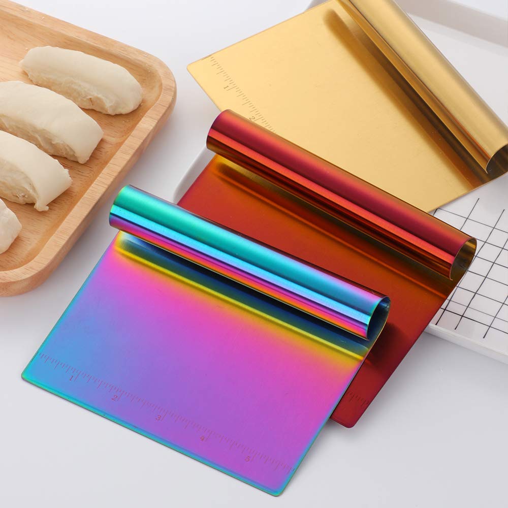 Stainless Steel Dough Scraper & Pastry Cutter with Measuring Scale - Multipurpose Bench Scraper, Pizza Dough Cutter, Bread Knife - Perfect for Baking, Cake Decorating & Pizza Making (Rainbow Mirror Polish)