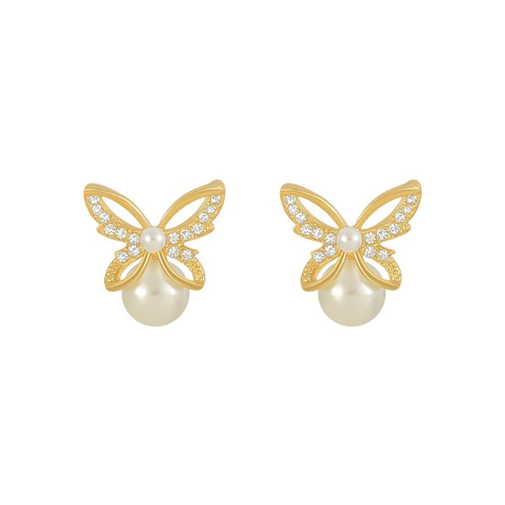 Butterfly Earrings for Women - Faux Pearl & Crystal Rhinestone Dangle Drop Studs - Gold Prom Party Jewelry Gifts - Perfect for Weddings, Date Nights & Special Occasions