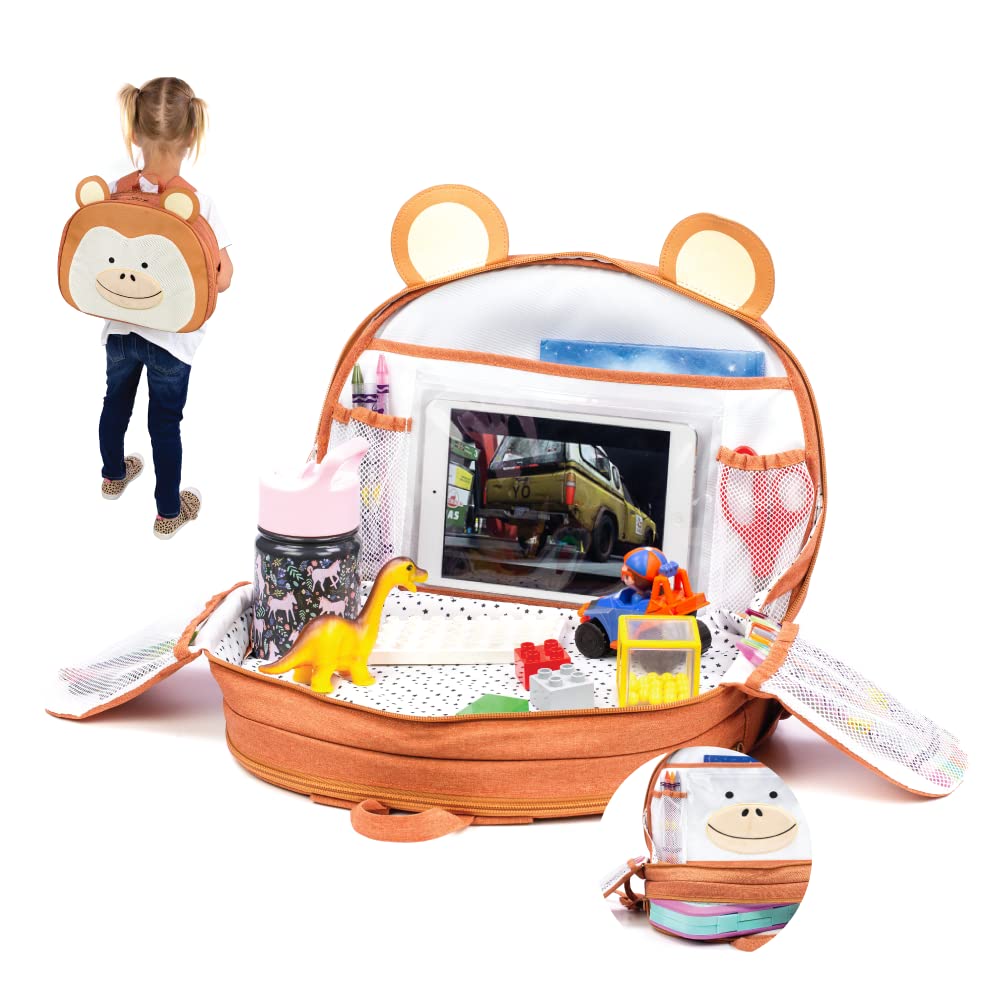Lulyboo Toddler Travel Tray with Backpack - Portable Car Seat & Airplane Tray Table for Kids - Built-in Cup Holder, 8 Storage Pockets & Firm Writing Surface - Perfect for Road Trips, Flights & Homeschooling (Monkey Design)