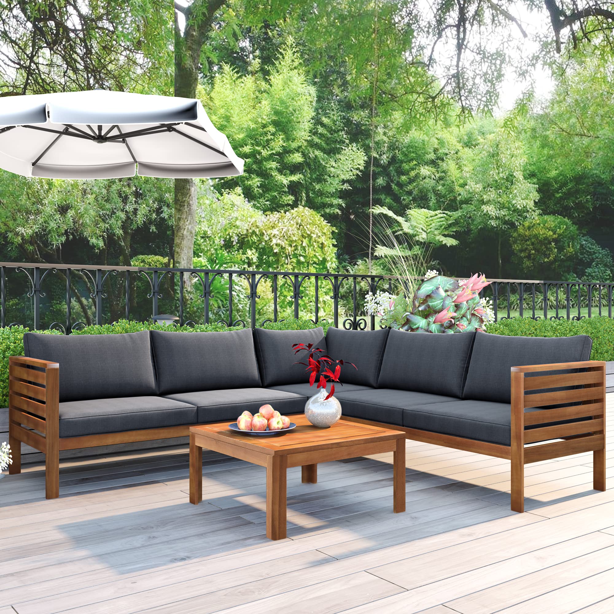 Quarte 4-Piece Outdoor Patio Furniture Set - Wooden L-Shaped Sectional Sofa with Waterproof Cushions & Coffee Table - Perfect for Garden, Backyard, Poolside & Conversation Areas