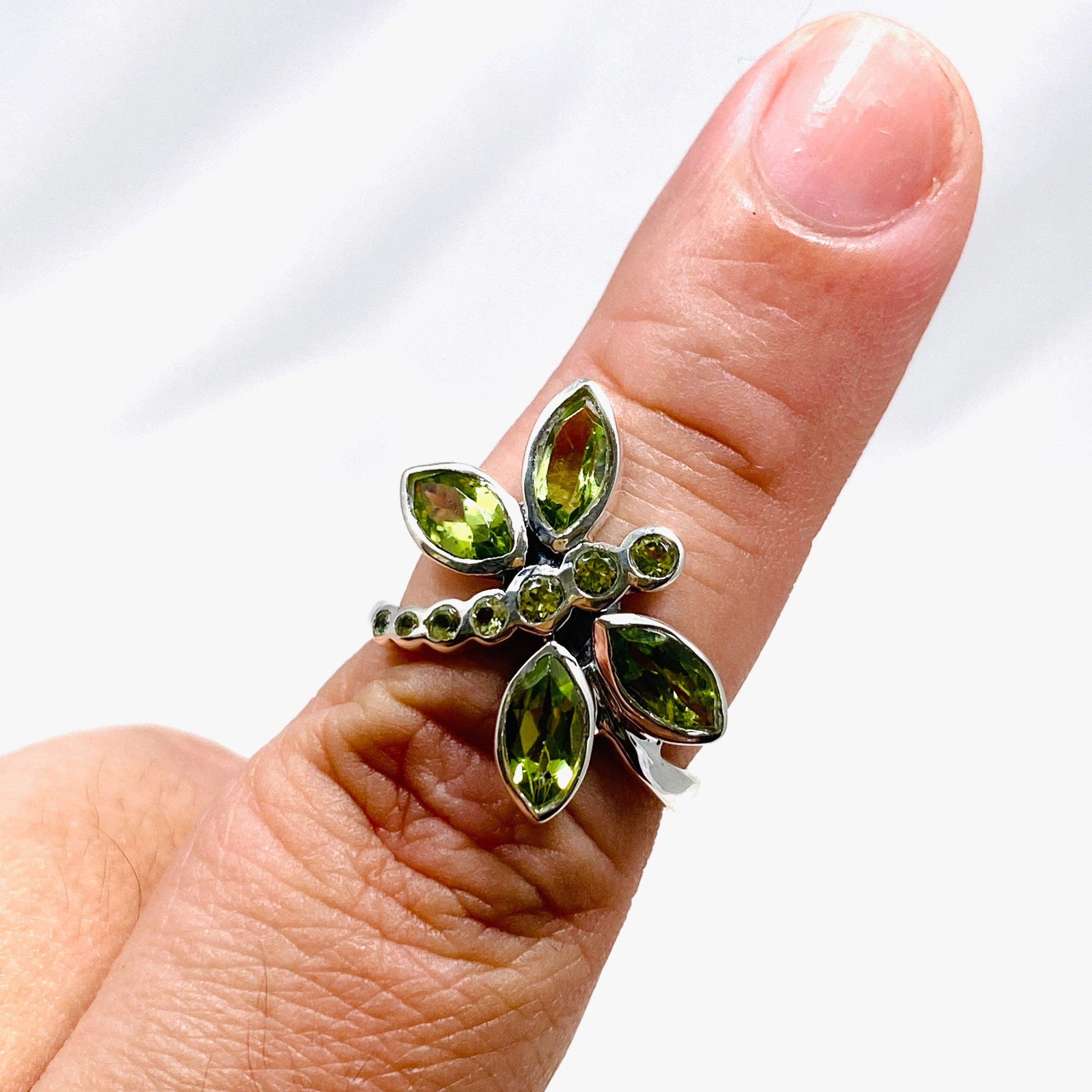 Faceted Peridot Dragonfly Ring R3887 - Elegant Nature-Inspired Jewelry for Women, Perfect for Weddings, Parties & Everyday Wear