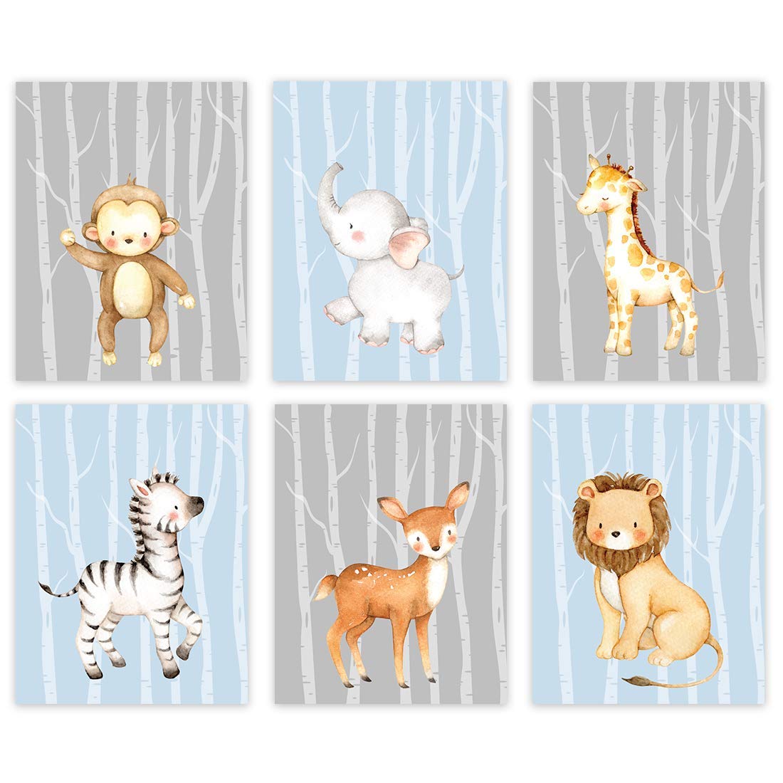 Jungle Safari Theme Nursery Wall Art - 6-Pack Unframed Posters (8.5x11 Inch) with Lion, Zebra, Giraffe, Elephant & Monkey Graphics - Blue Gray Trees Design - Perfect for Kids Room Decor & Baby Shower Gifts