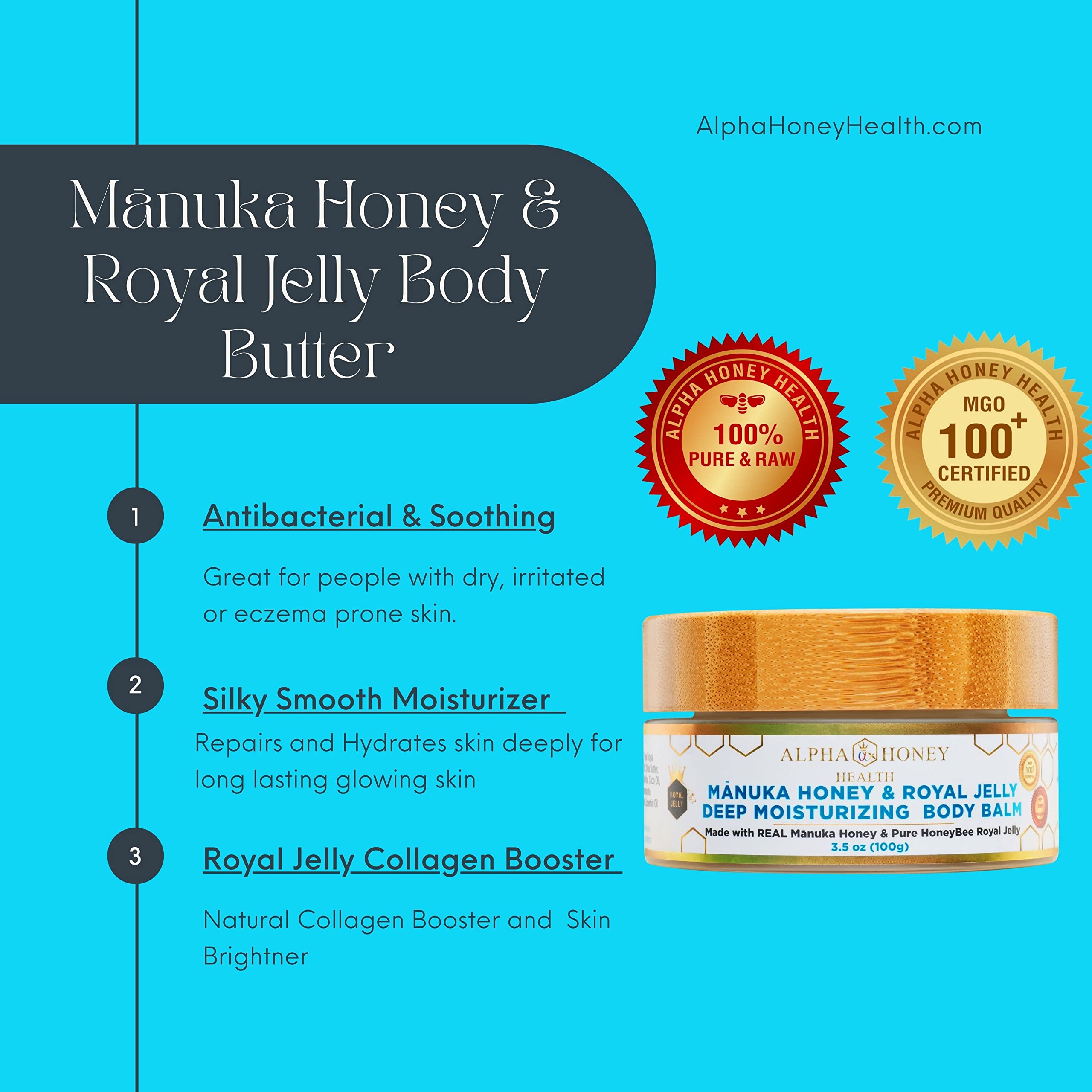 Organic Honeysuckle Jasmine Manuka Honey & Royal Jelly Body Butter - Deep Moisturizing Skin Care for Dry, Sensitive Skin - Perfect for Daily Hydration & Nighttime Nourishment