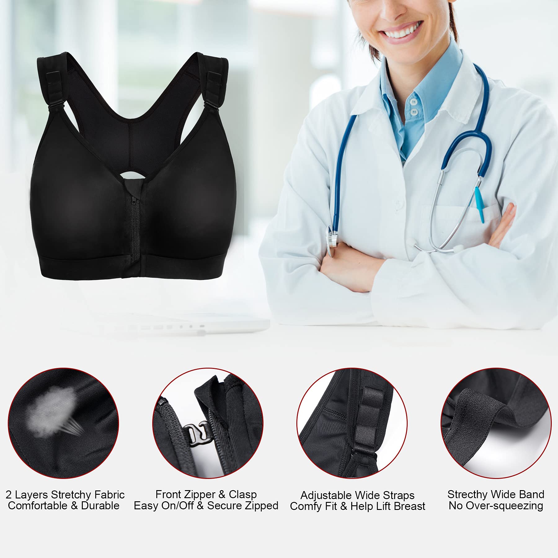 CYDREAM Women's Post-Surgical Bra - Front Zip Wireless Sports Bra with Adjustable Straps & Racerback Support for Mastectomy, Lumpectomy & Recovery | Comfortable for Sleeping, Yoga & Daily Wear