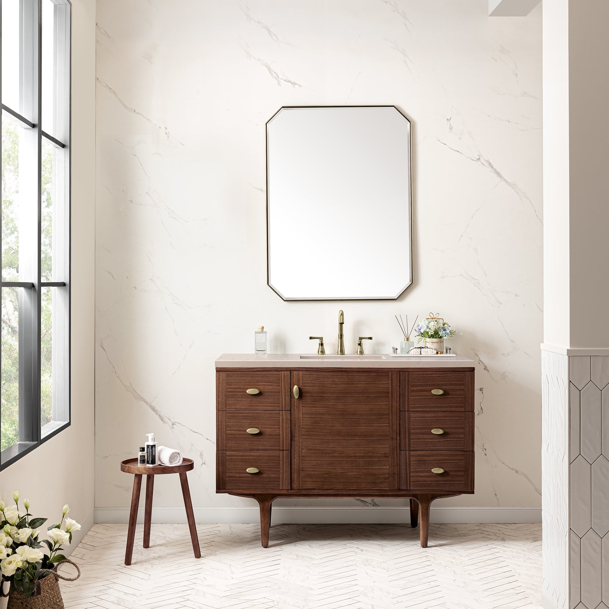 Amberly 48 Inch Single Bathroom Vanity with Mid-Century Modern Walnut Finish & 3CM Eternal Marfil Stone Top - Perfect for Master Bath, Guest Bath, or Powder Room Renovation